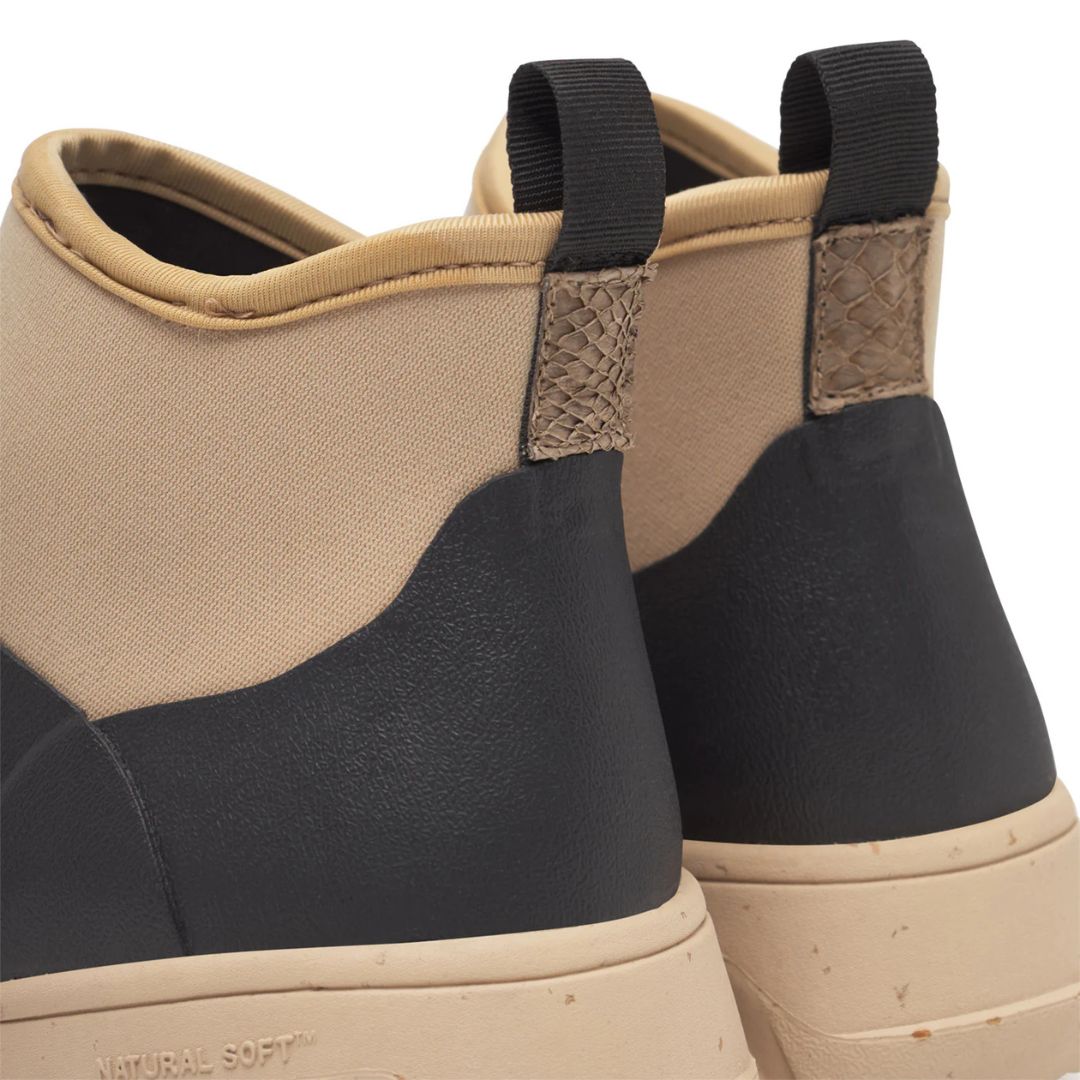 Pair of Woden Irene Waterproof Boot - Black/Coffee Cream on white background detail of fish leather detail on back of boots| Malvern Saddlery