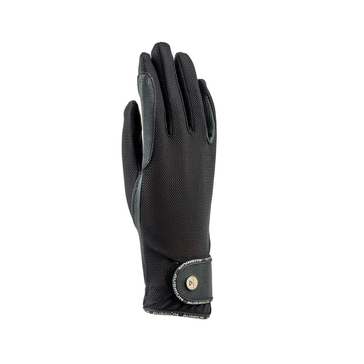 Black Aubrion Aero FlexFit riding glove featuring open-knit breathable mesh back and adjustable wrist strap.