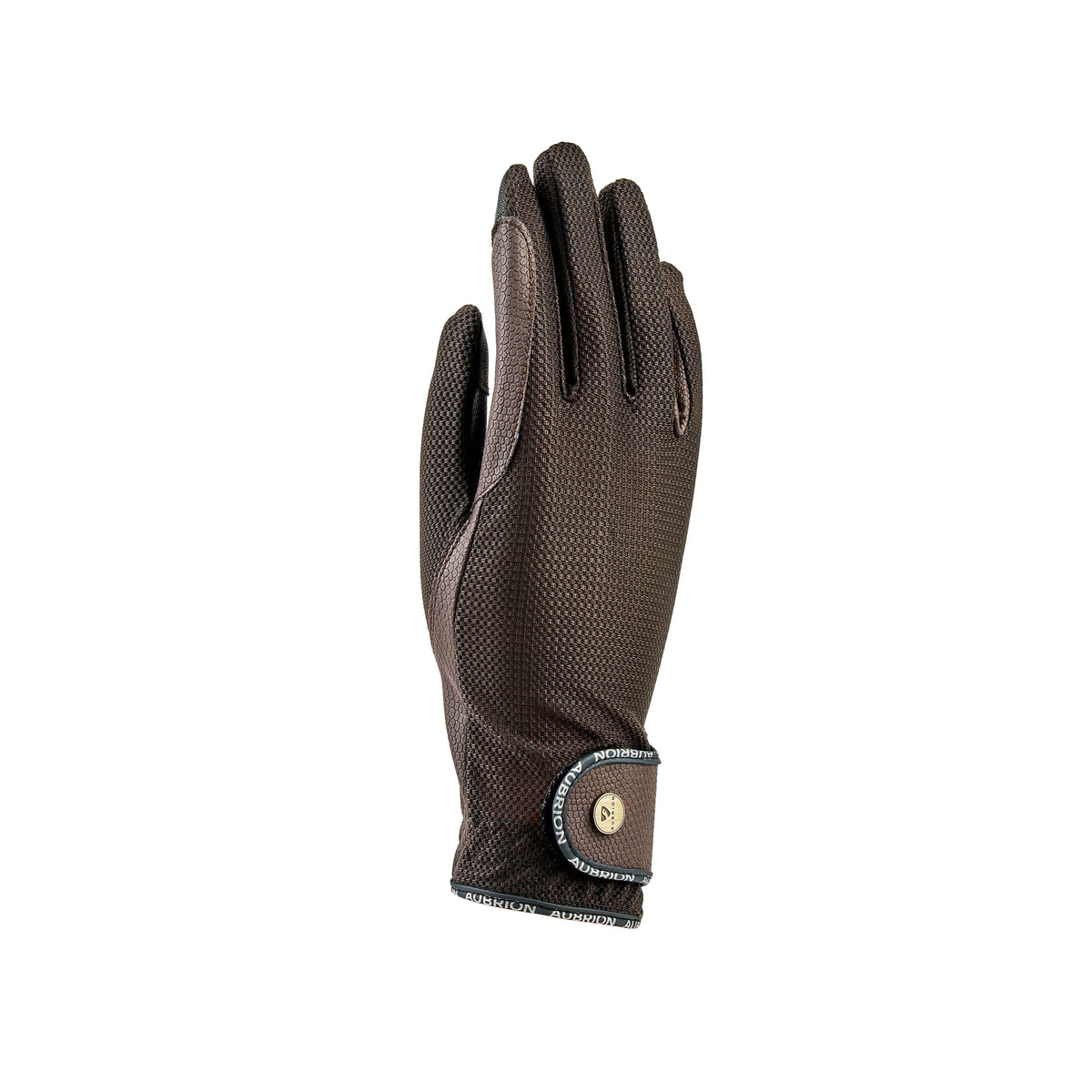 Brown Aubrion Aero FlexFit riding glove with breathable open-knit fabric for warm-weather riding