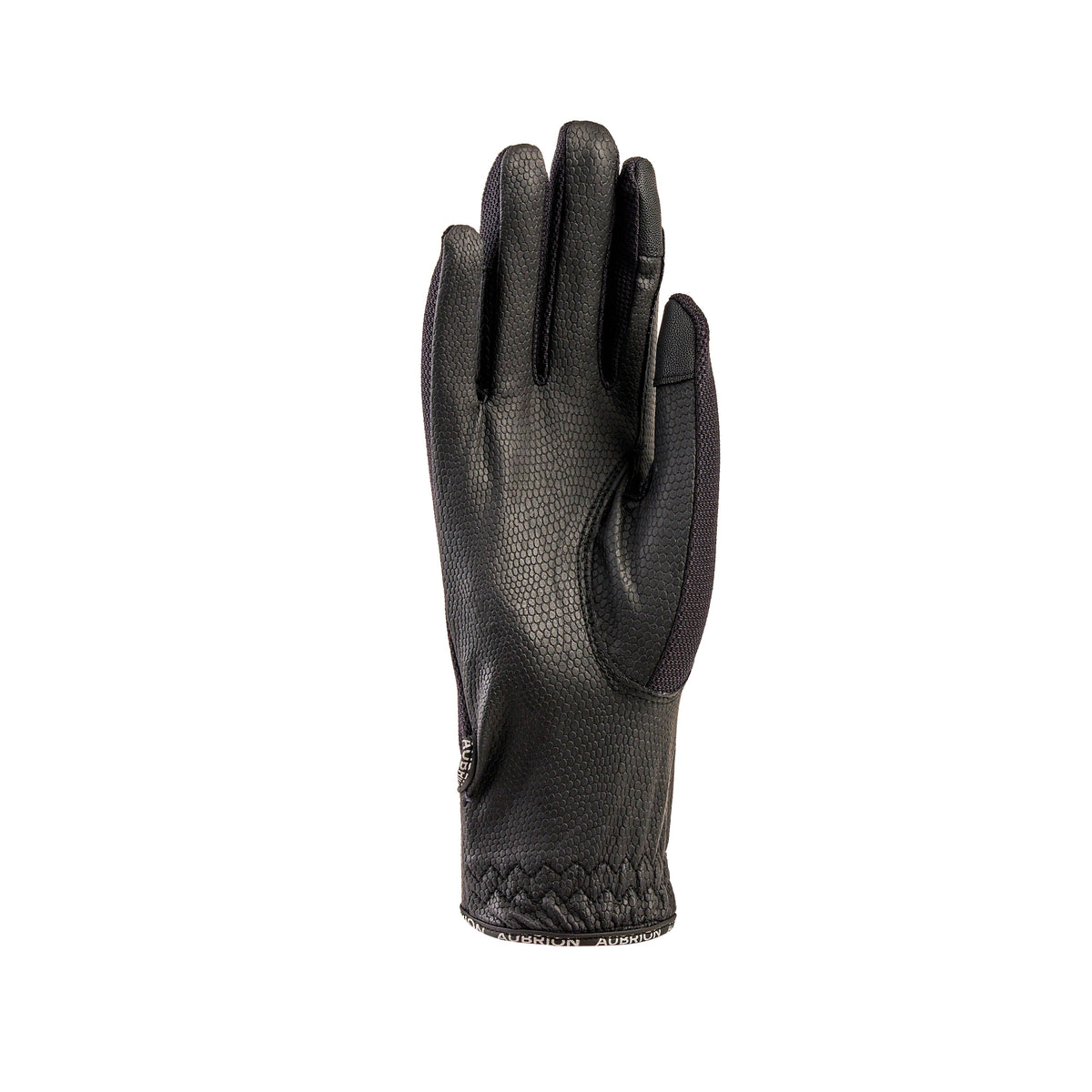Palm view of black Aubrion Aero FlexFit riding glove showing textured synthetic grip.