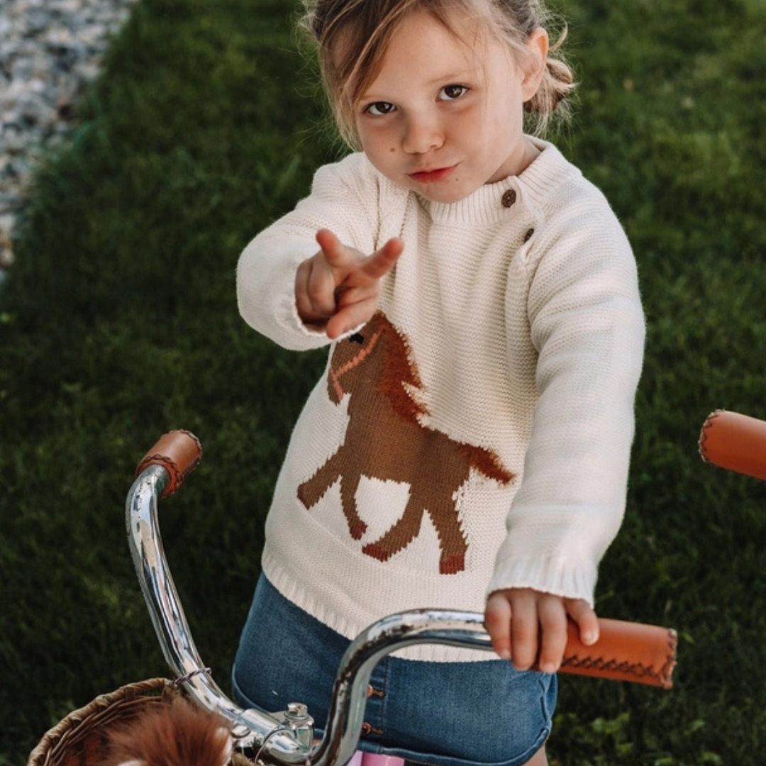 Baby Toddler Gwenny Horse Sweater; shown on toddler riding tricycle | Equestrian Gifts | Malvern Saddlery
