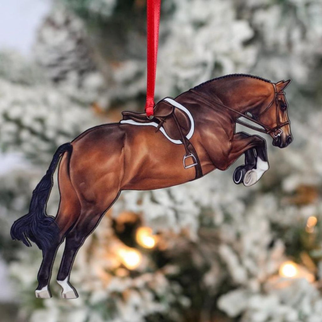 Bay Hunter Jumping  Horse Ornament - 1/8" wood cut, appears 3D | Malvern Saddlery
