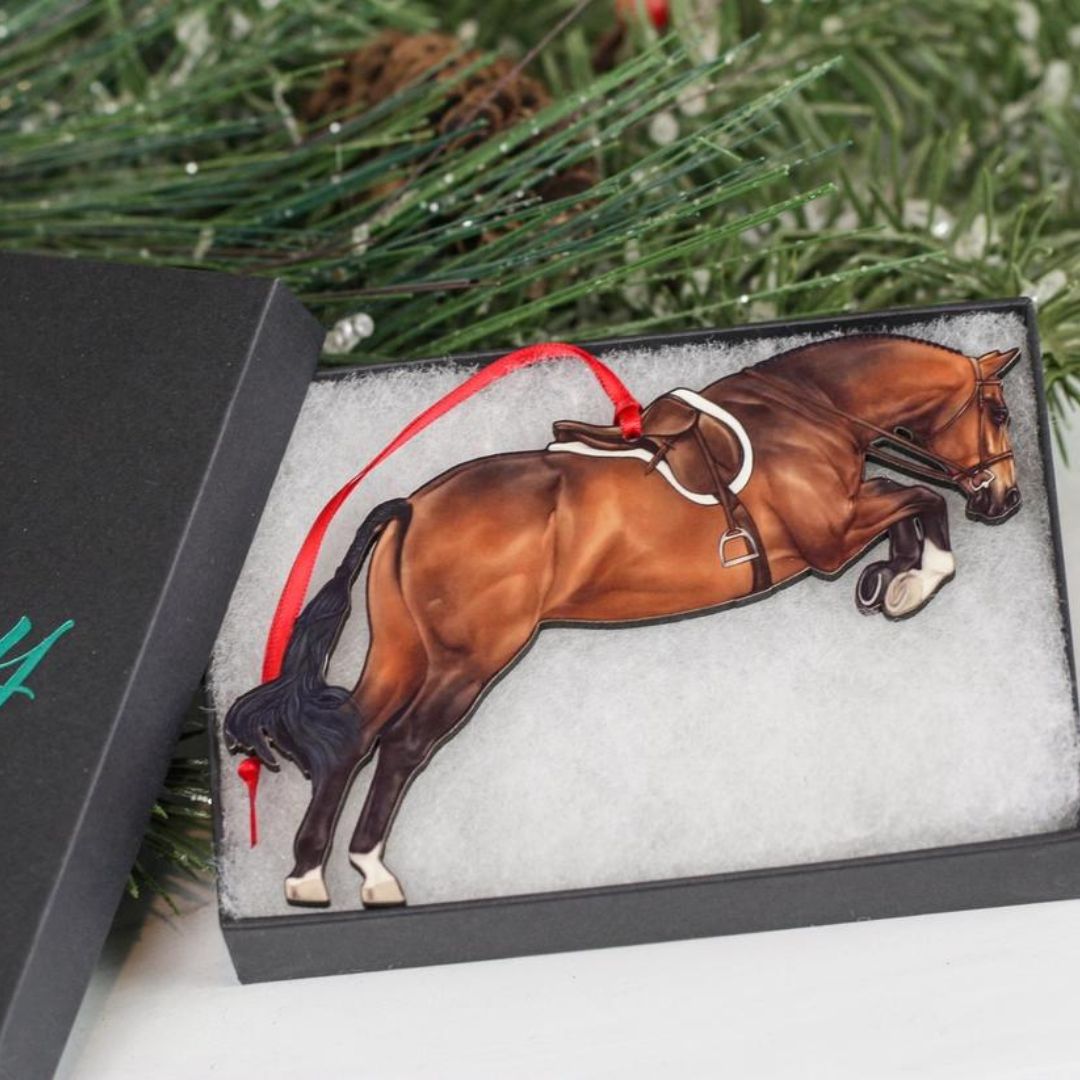 Bay Hunter Jumping  Horse Ornament - 1/8" wood cut, appears 3D | Malvern Saddlery