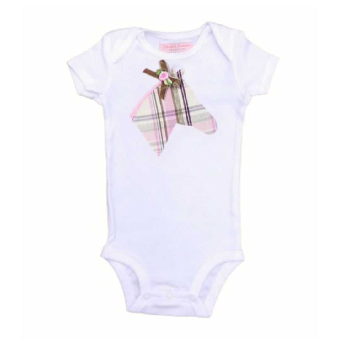 Baby Equestrian Onesie Bodysuit - classic pink plaid horsehead applique | Malvern Saddlery