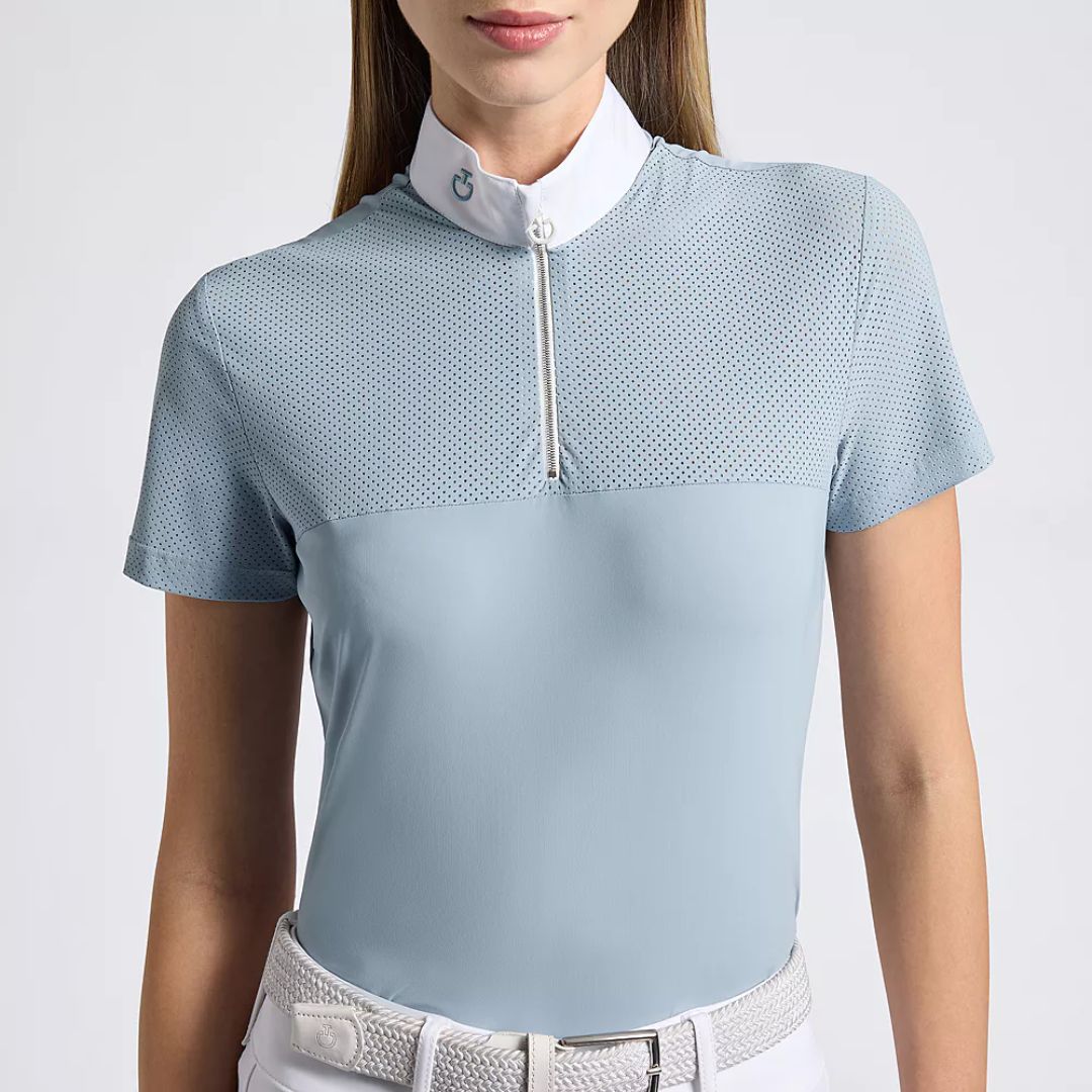 Cavalleria Toscana Women's Short Sleeve Half Zip Competition Shirt in Technical Jersey - Lt Blue, on model torso view | Equestrian Show Shirts |Malvern Saddlery