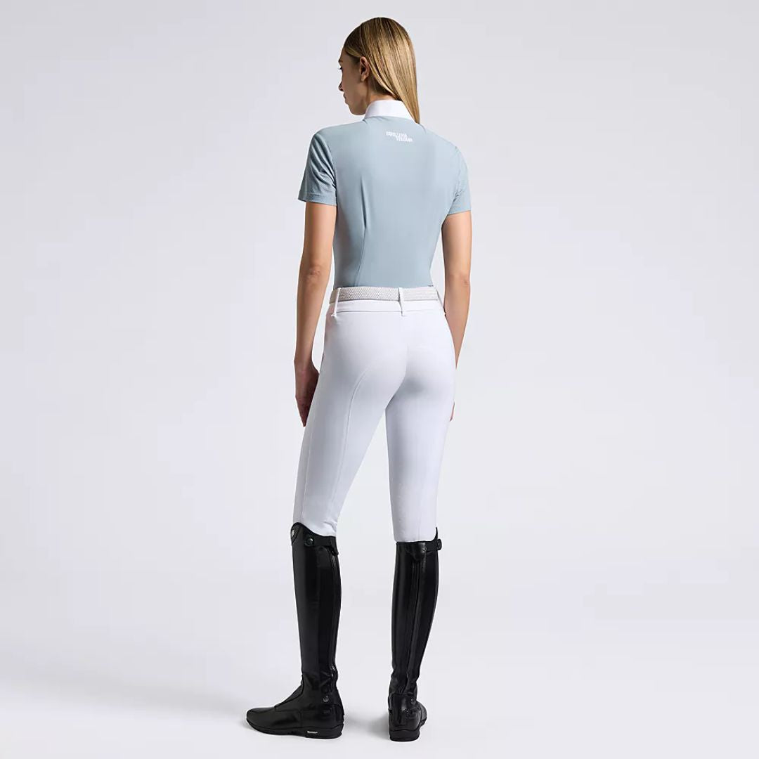 Cavalleria Toscana Women's Short Sleeve Half Zip Competition Shirt in Technical Jersey - Lt Blue, on model full body back view | Equestrian Show Shirts |Malvern Saddlery