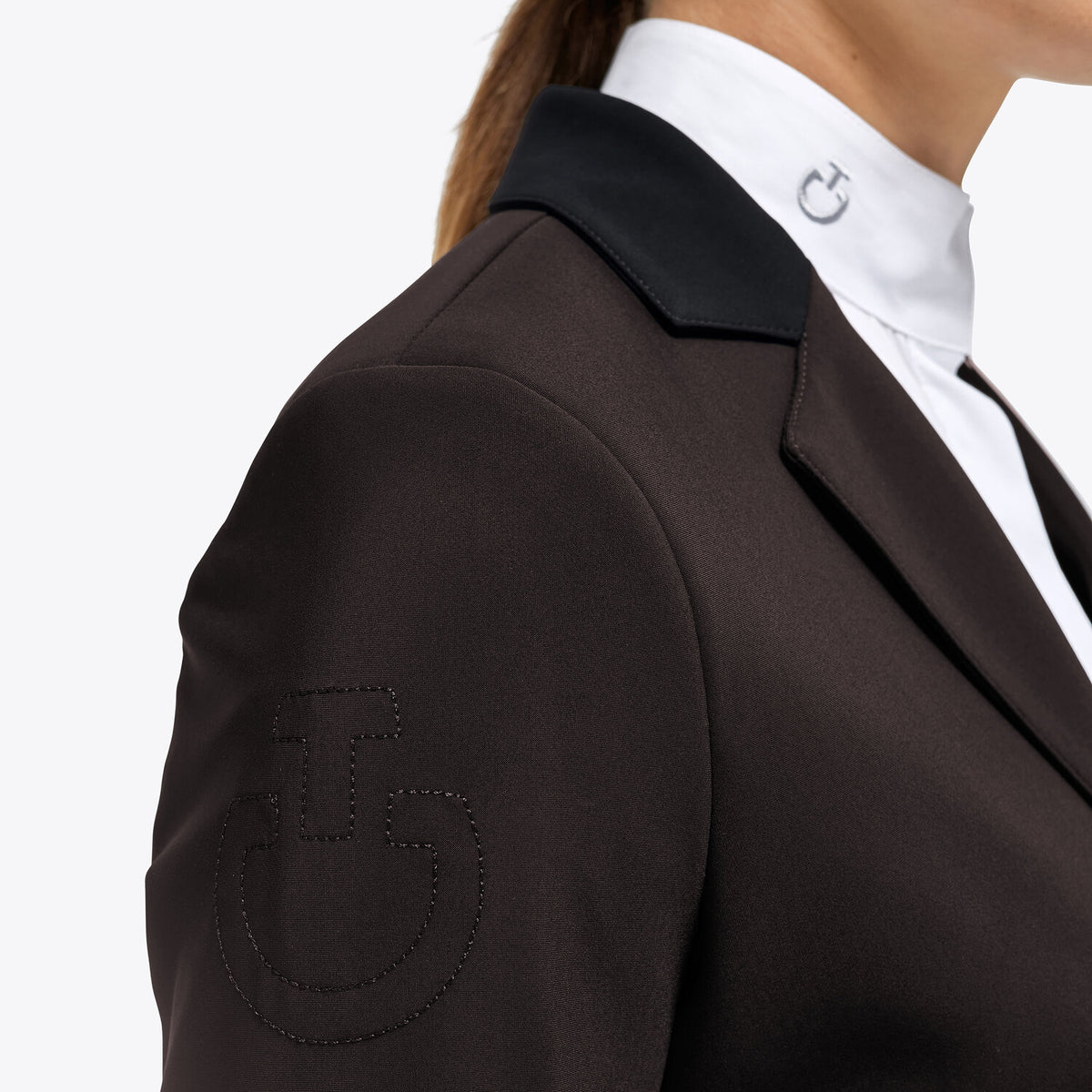 Cavalleria Toscana Women's American Hunter Show Coat - Espresso, shoulder logo close-up | Malvern Saddlery