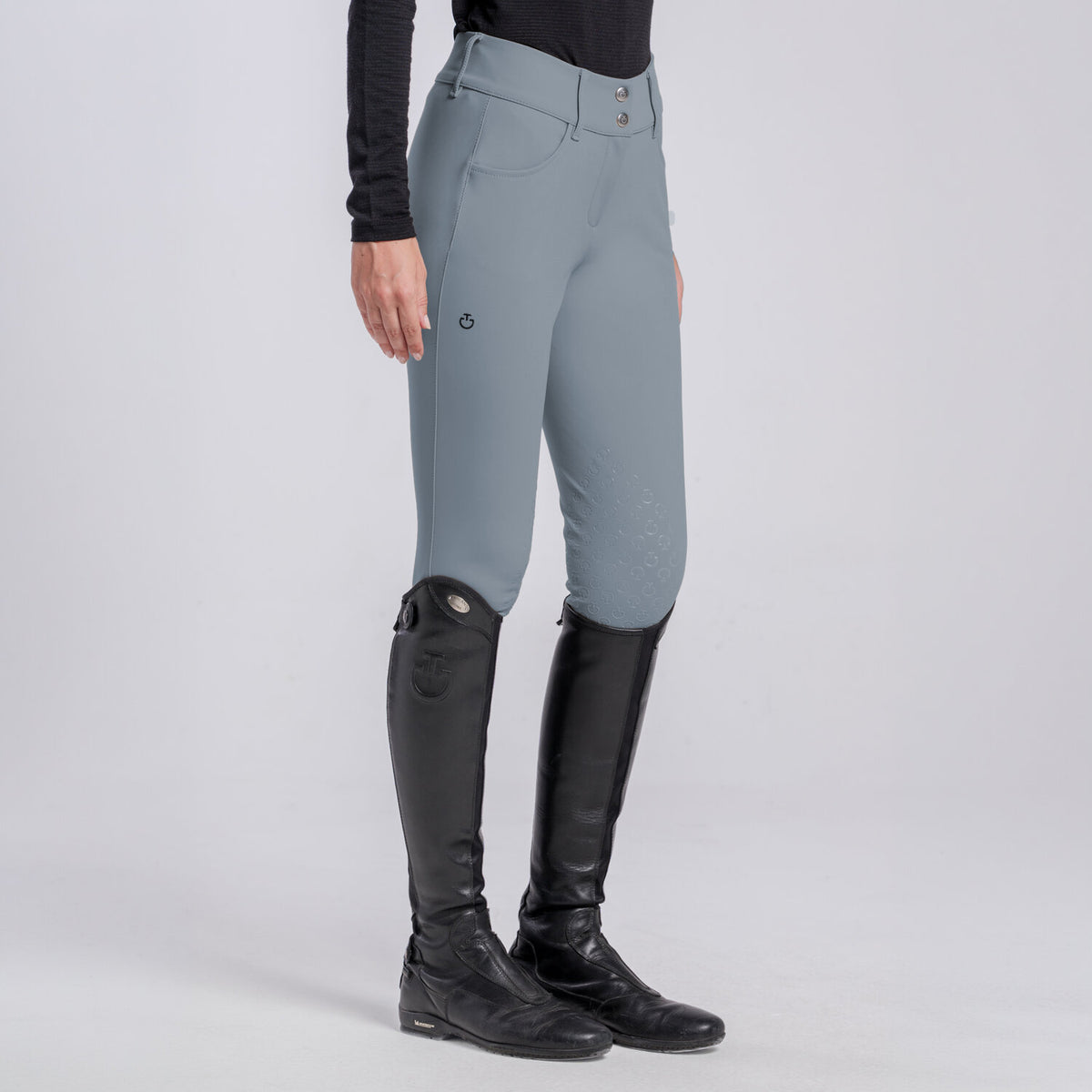Cavalleria Toscana Women's American Knee Grip Breeches - Windward Blue, front view on model | Malvern Saddlery