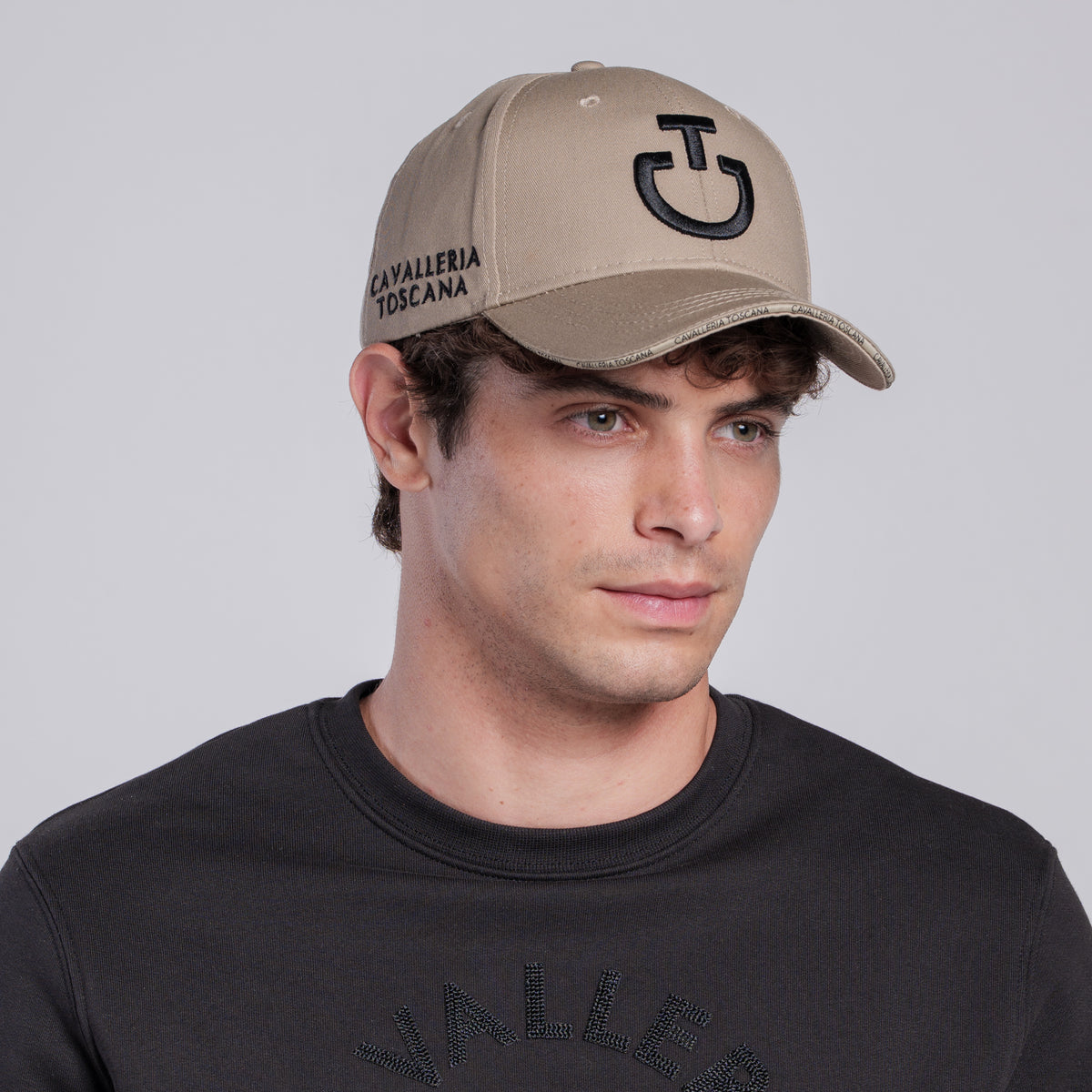 Cavalleria Toscana Embroidered Logo Cotton Baseball Cap - Aluminum/Black, worn on model | Malvern Saddlery