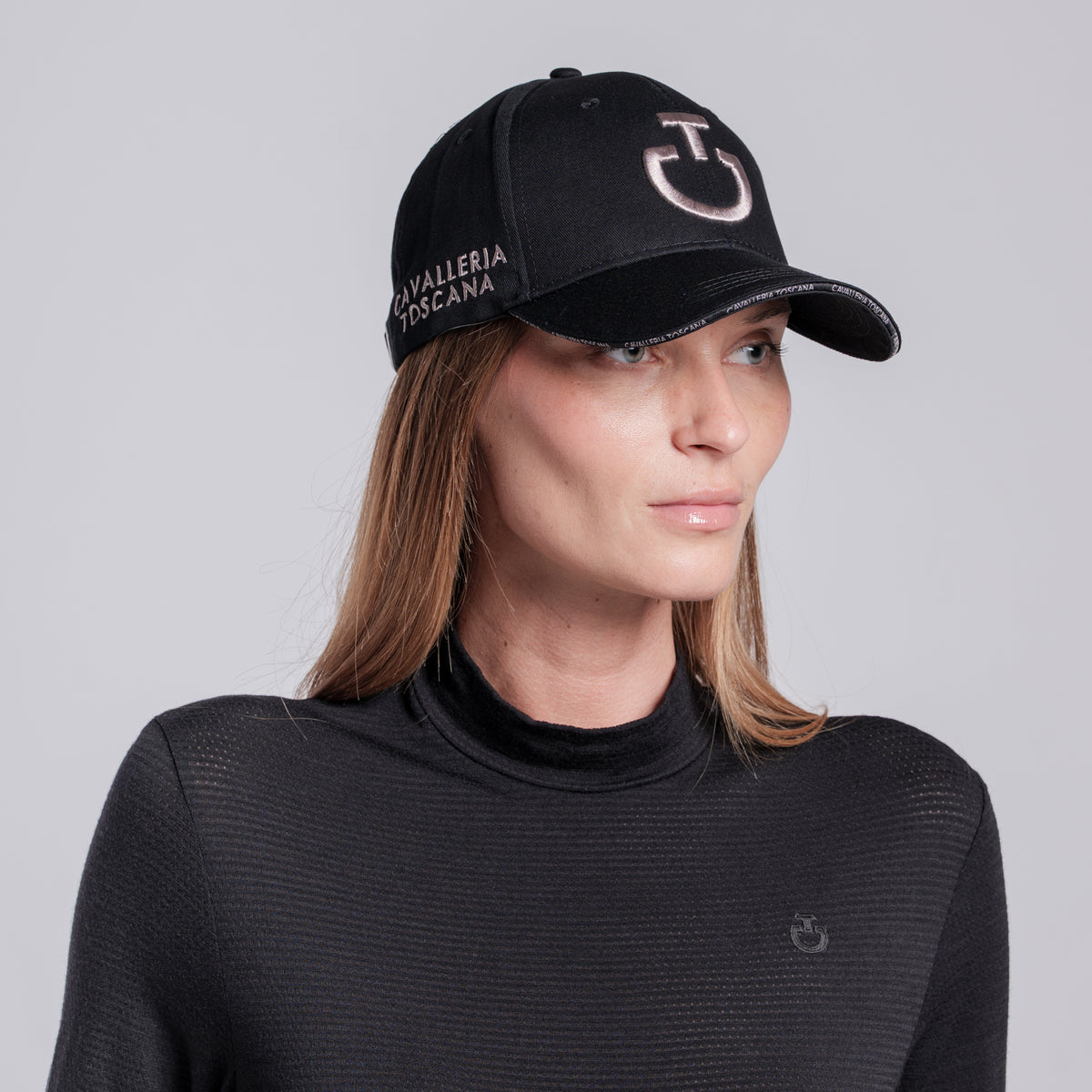 Cavalleria Toscana Embroidered Logo Cotton Baseball Cap - Black/Cipria, worn on model | Malvern Saddlery