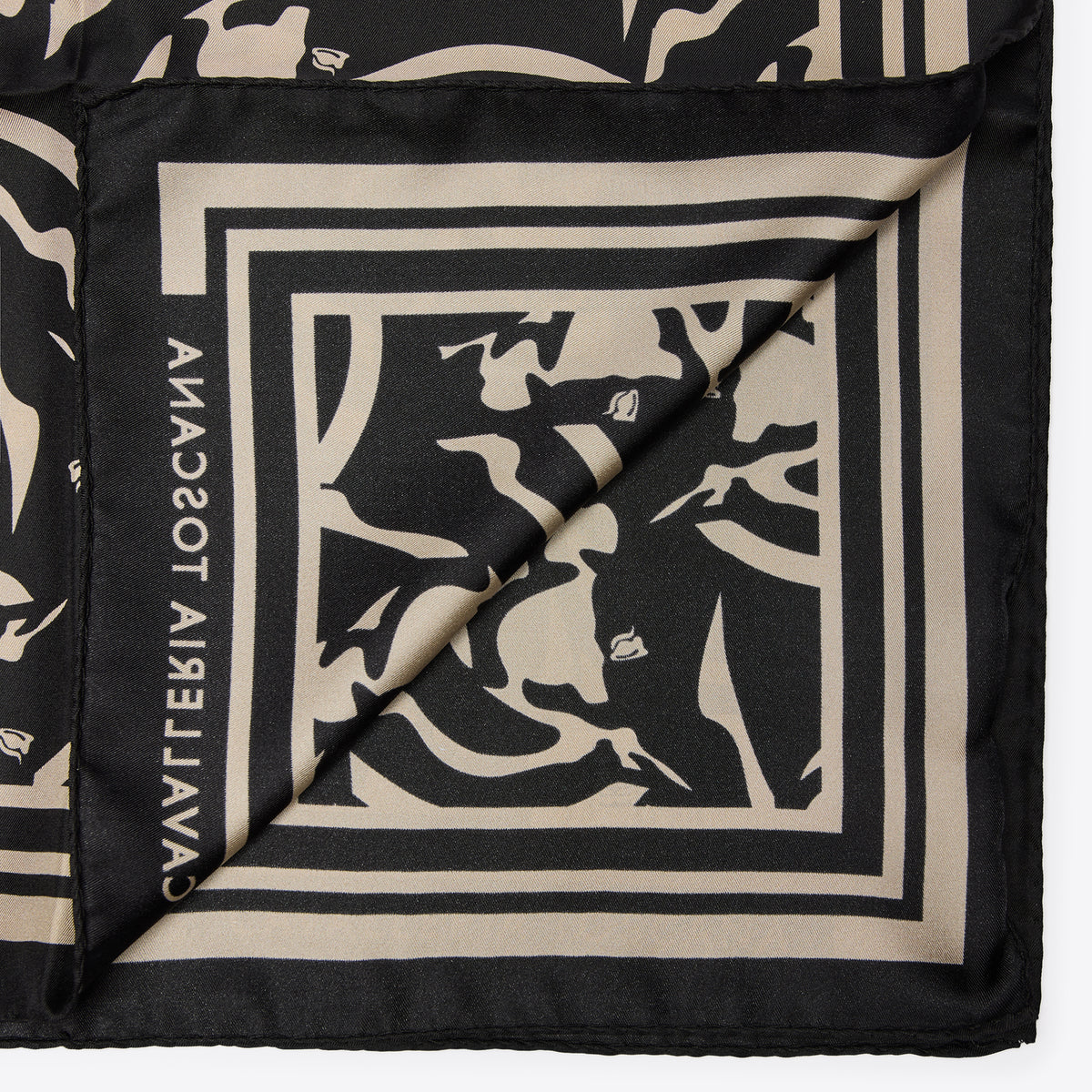 Cavalleria Toscana Horse Print Silk Scarf - Black/Rainy Day, folded corner | Malvern Saddlery
