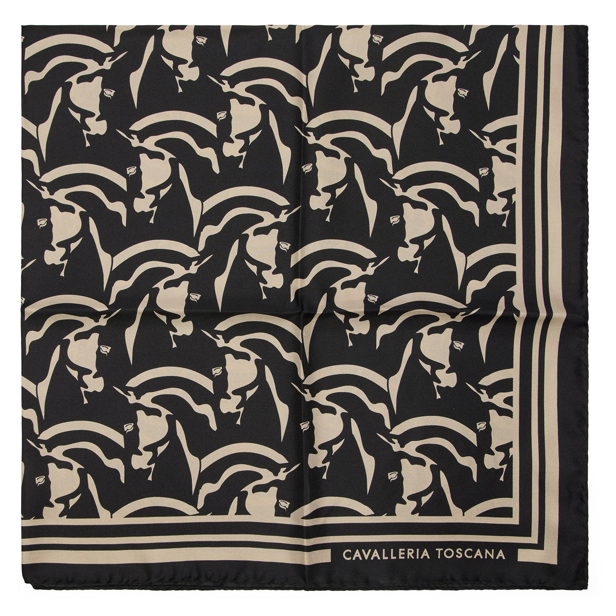 Cavalleria Toscana Horse Print Silk Scarf - Black/Rainy Day, flat | Malvern Saddlery