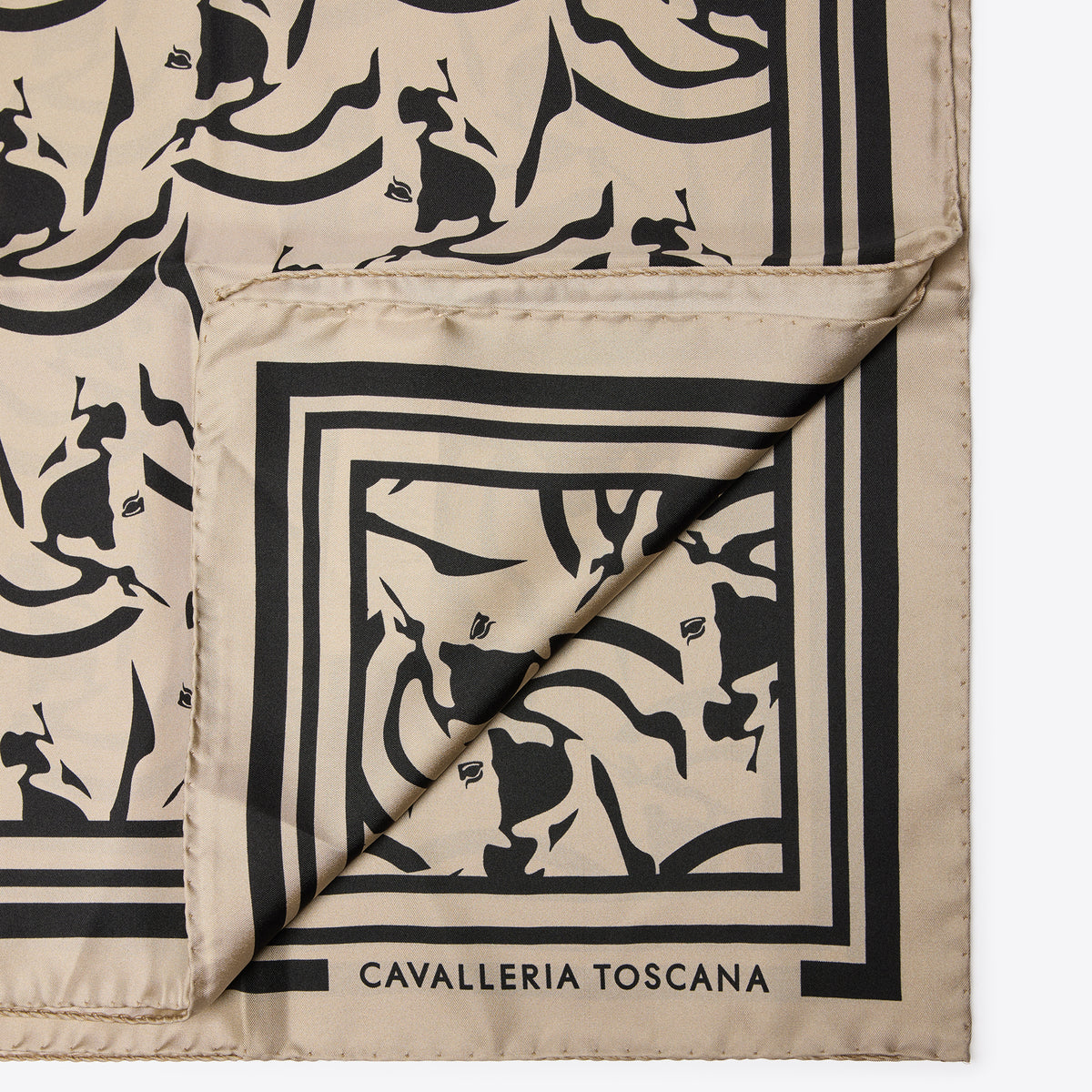 Cavalleria Toscana Horse Print Silk Scarf - Rainy Day/Black, folded corner | Malvern Saddlery