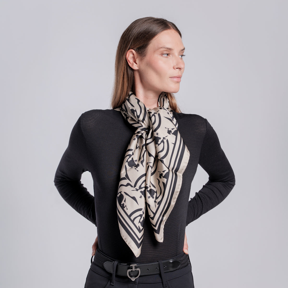 Cavalleria Toscana Horse Print Silk Scarf - Rainy Day/Black, worn | Malvern Saddlery