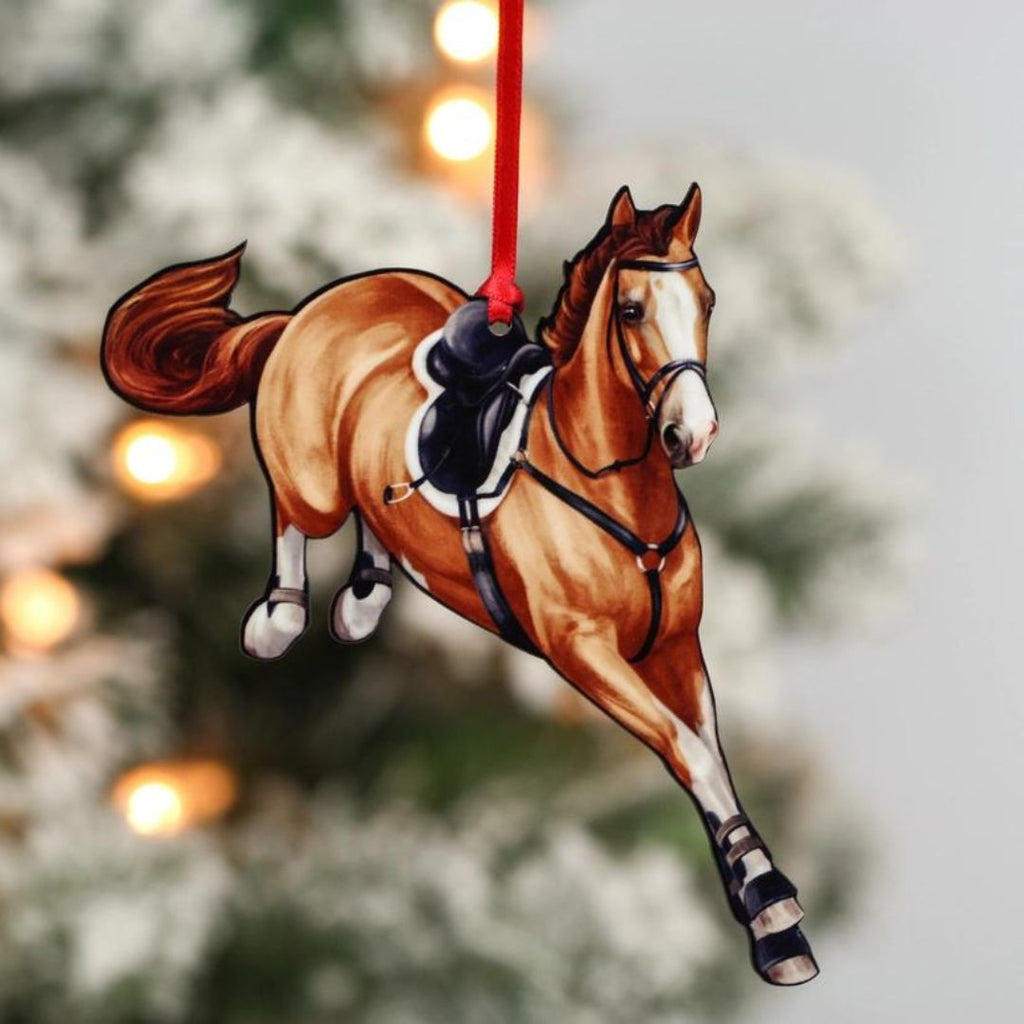 Chestnut Jumping Horse Ornament - 1/8" wood cut, appears 3D | Malvern Saddlery