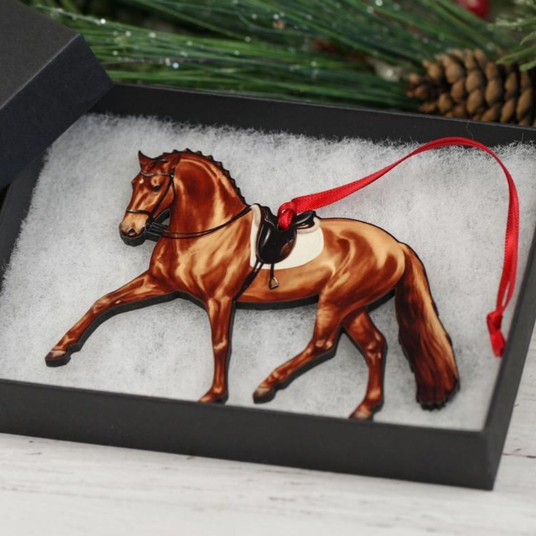 Chestnut Half Pass Dressage Horse Ornament - printed wood cut | Malvern Saddlery