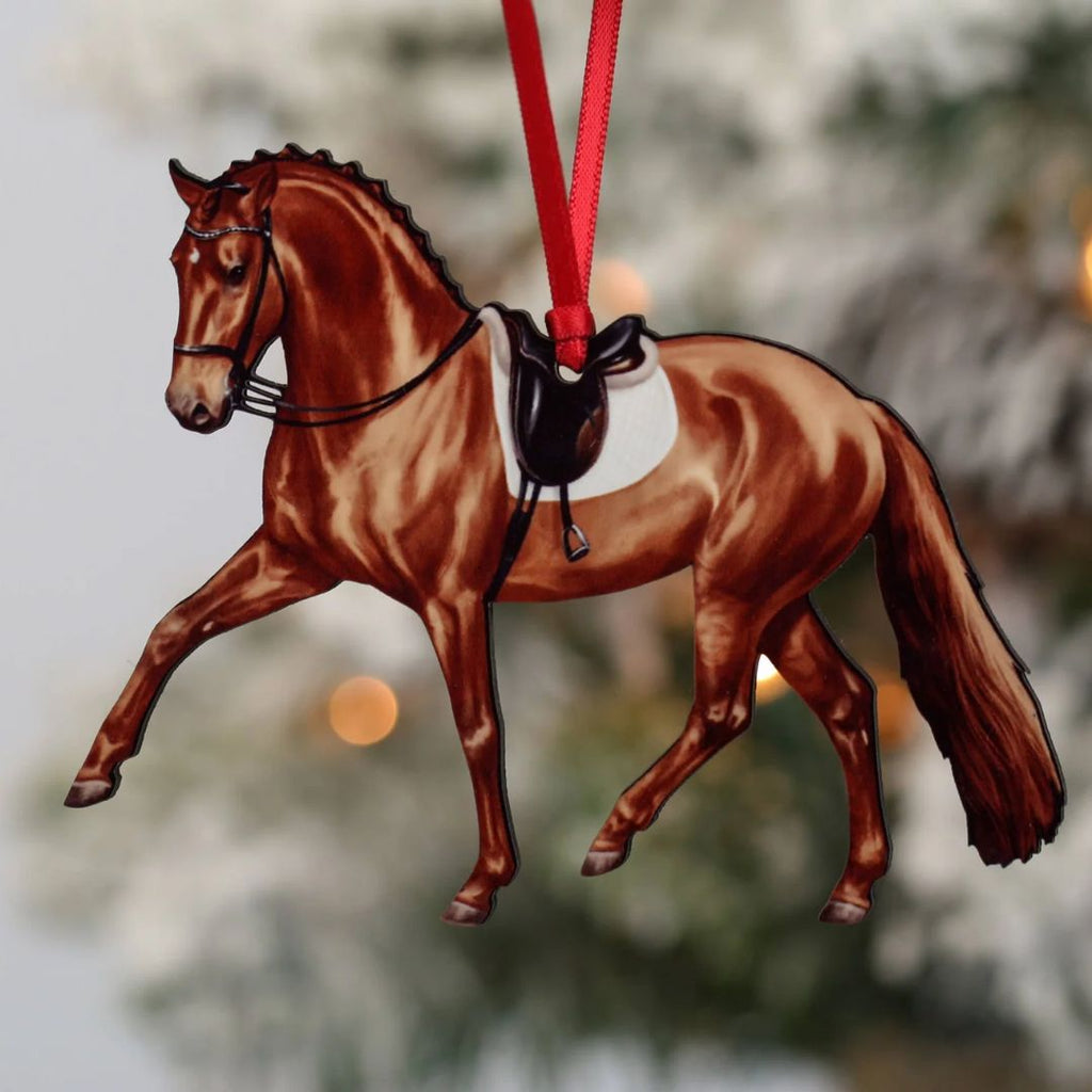 Chestnut Half Pass Dressage Horse Ornament - printed wood cut | Malvern Saddlery