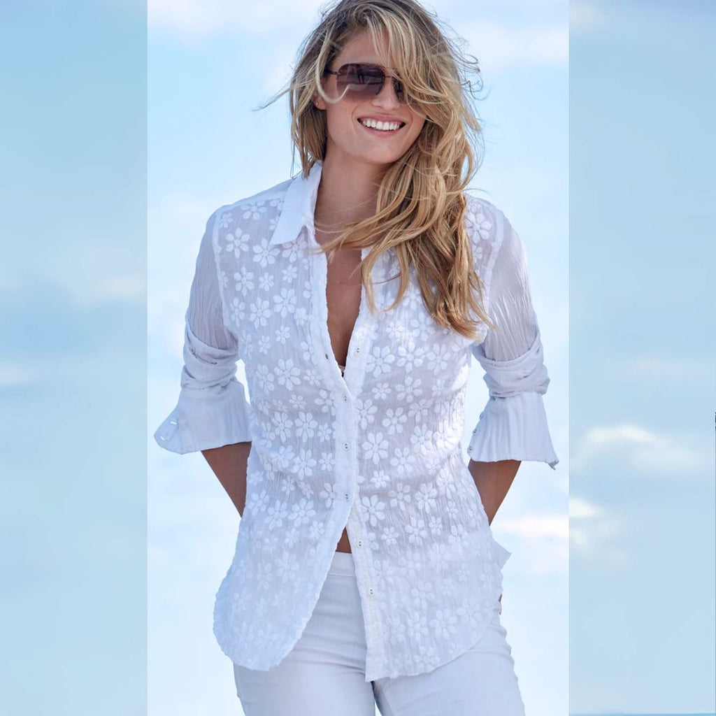 Cino Daisy Embroidery Crinkle Voile Button Down Ladies Shirt | Malvern Saddlery