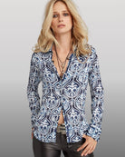 Cino Indigo Kimono Button Down Shirt - shown on woman on gray background | Ladies Apparel | Malvern Saddlery