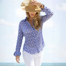Cino Laguna Blue Eyelet Button Down Shirt worn by woman at beach | Malvern Saddlery