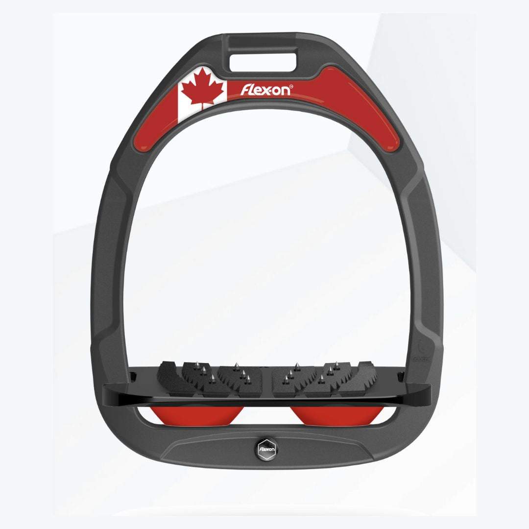 Flex-On Composite Stirrup Design: Gray Frame / Black tray / Red / Canada Flag magnet | Malvern Saddlery