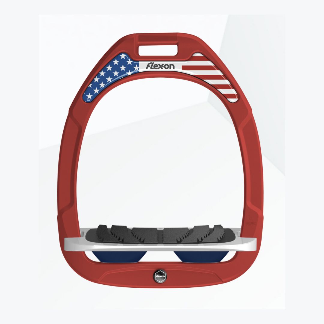 Flex-On Composite Stirrup Design: Red Frame / Gray tray / Navy / USA Flag magnet | Malvern Saddlery