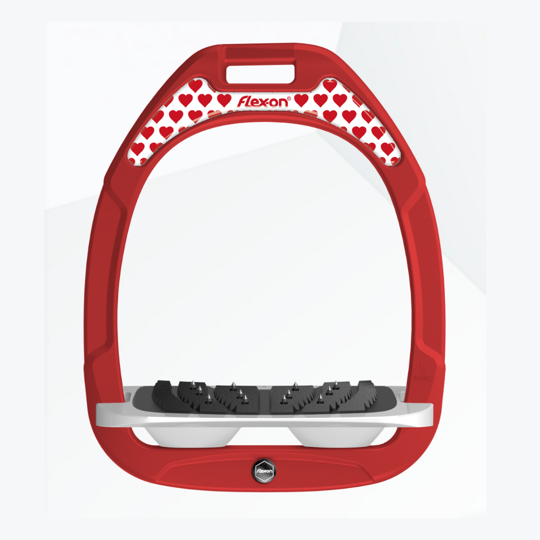 Flex-On Composite Equestrian Stirrups: Red Frame / Gray tray / White / Valentine Hearts Magnet shown with Inclined Ultra Grip Footbed | Malvern Saddlery