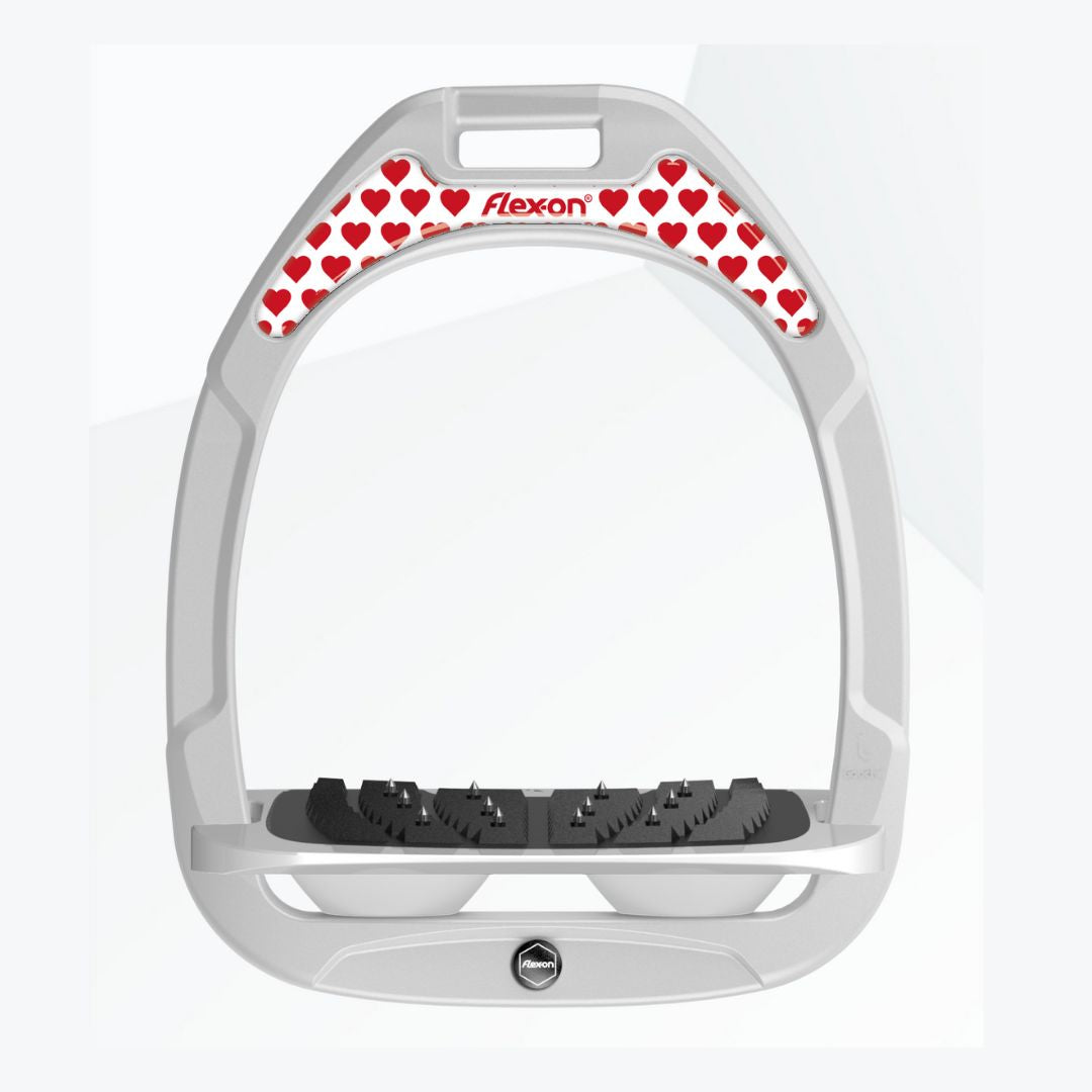 Flex-On Composite Equestrian Stirrups:  White Frame / Gray tray / White / Valentine Hearts Magnet shown with Inclined Ultra Grip Footbed | Malvern Saddlery