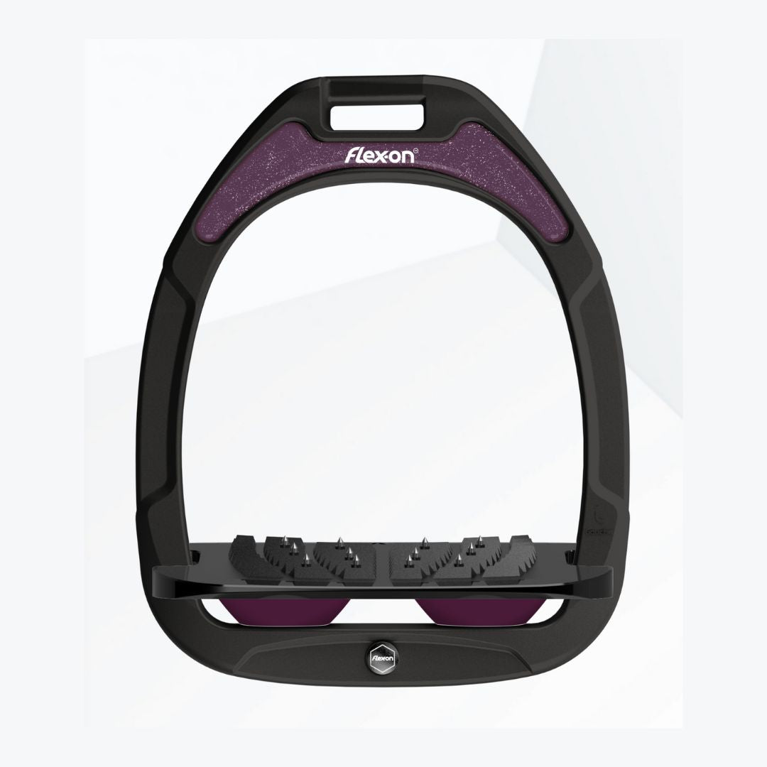 Flex-On Composite Stirrup - Pre-Order Designs | Black with Plum, shown with inclined ultra grip footbed | Malvern Saddlery