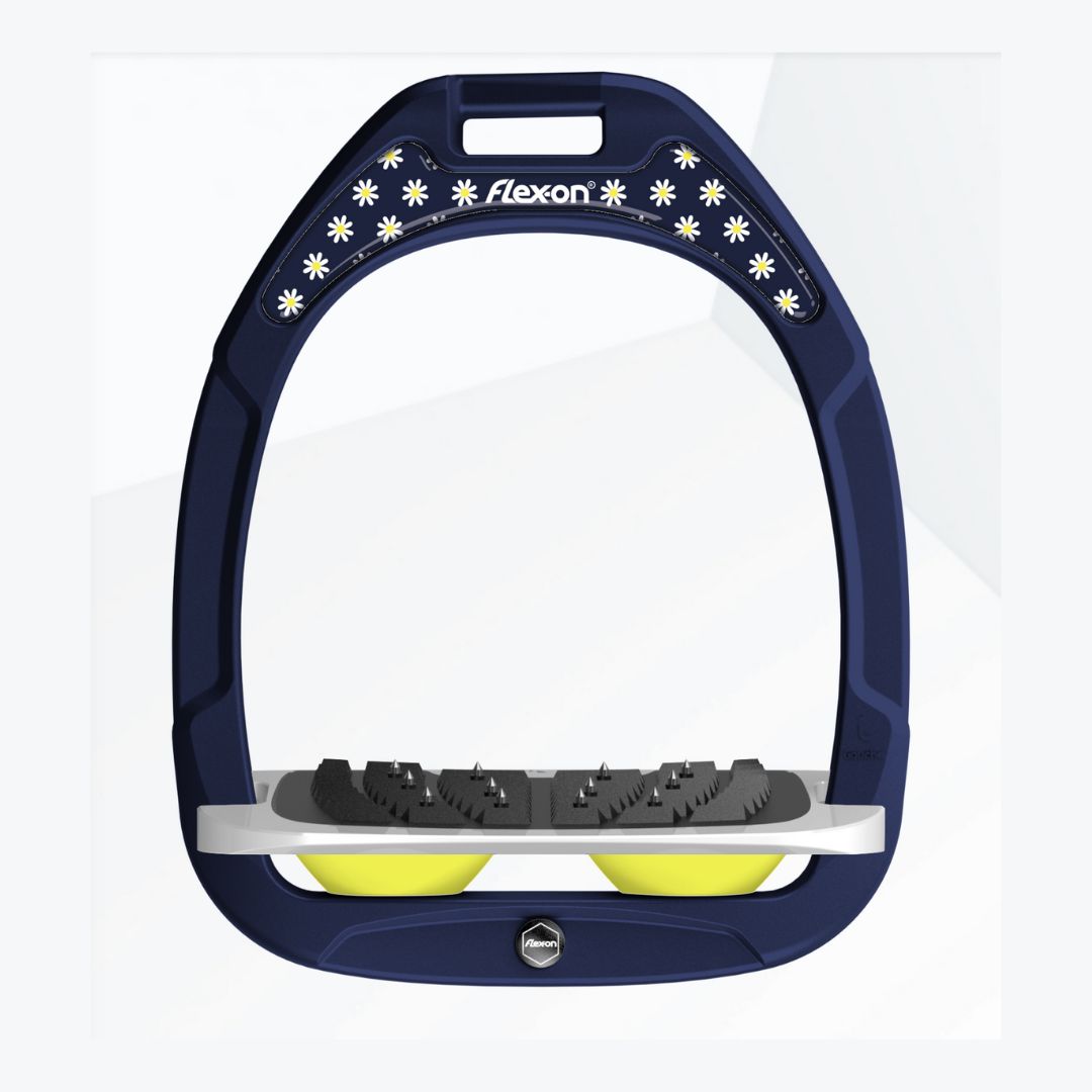 Flex-On Composite Stirrup - Pre-Order Designs | Navy with Yellow & daisy magnet sticker, shown with gray inclined ultra grip footbed | Malvern Saddlery