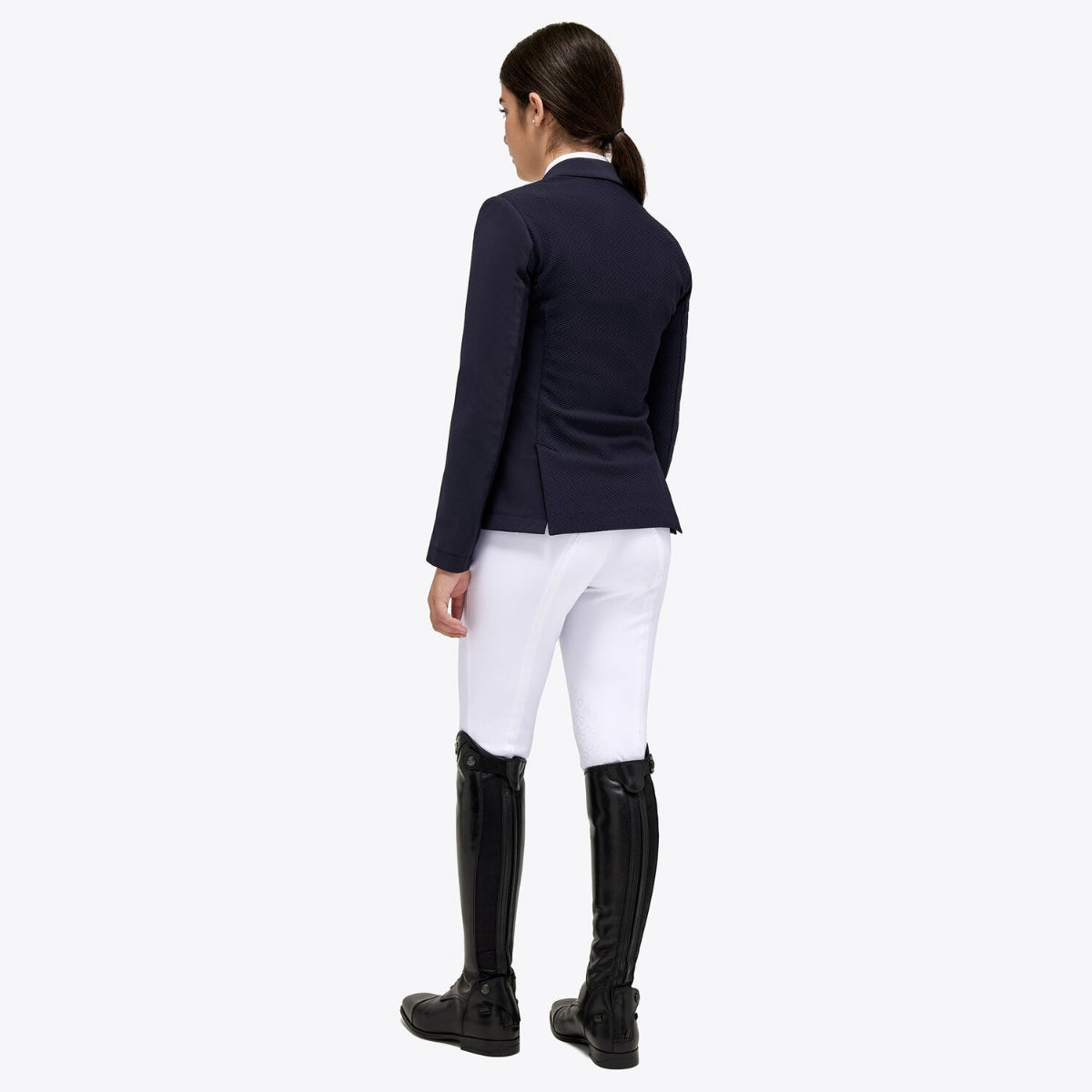 Cavalleria Toscana Girl's Competition Jacket with Zip - Navy; back view on girl wearing white breeches & black riding boots | Malvern Saddlery