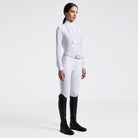 Cavalleria Toscana Women's Long Sleeve Riding Shirt with Embroidery - White; full body view shown on model; light gray background | Equestrian Show Shirts | Malvern Saddlery