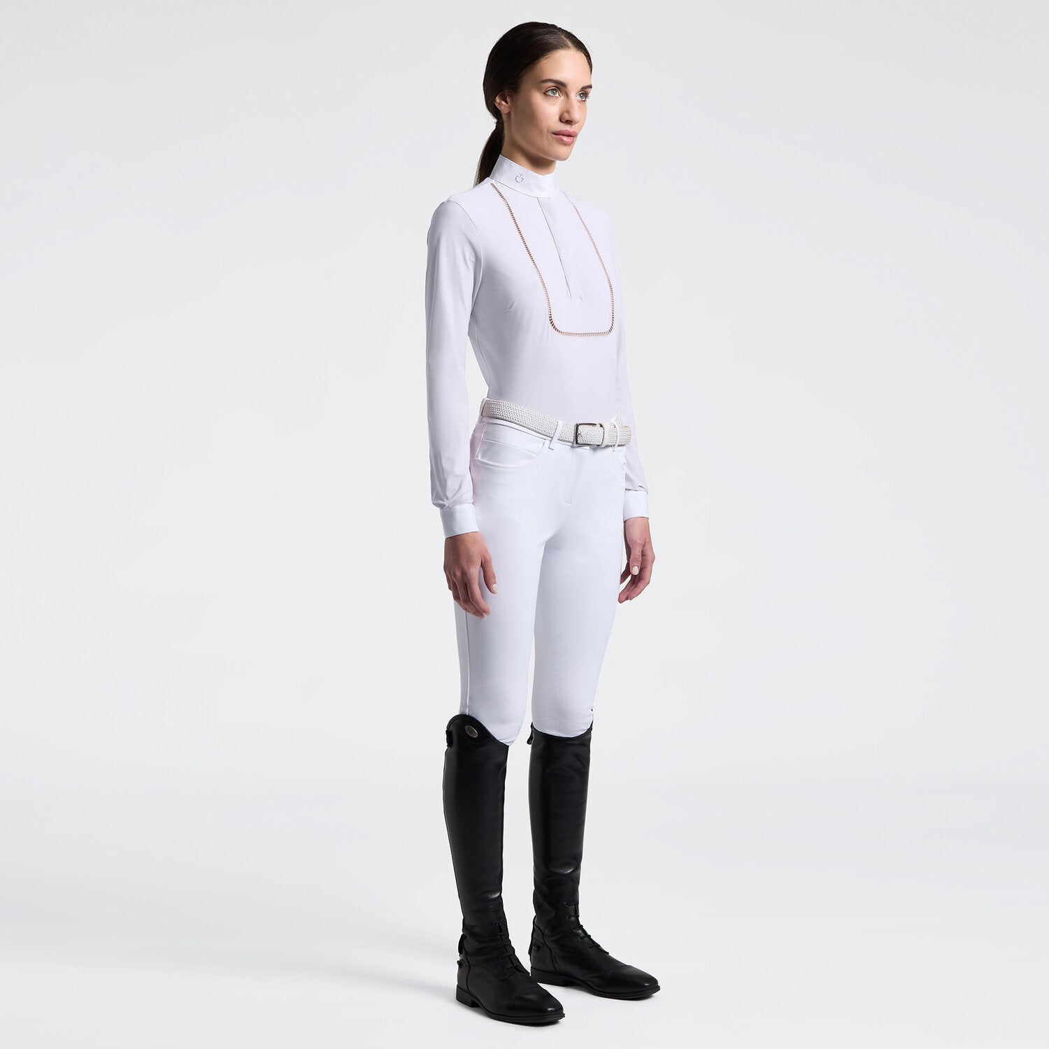Cavalleria Toscana Women's Long Sleeve Riding Shirt with Embroidery - White; full body view shown on model; light gray background | Equestrian Show Shirts | Malvern Saddlery