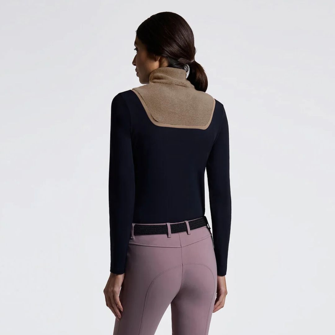 Cavalleria Toscana Women's Training Polo with Fleece Insert - Black/Tan; back view shown on model | Malvern Saddlery