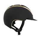 Kask Dogma Chrome Equestrian Helmet - Black Matte with Gold Frame;  side view on white background | Standard Brim English Riding Helmets | Malvern Saddlery