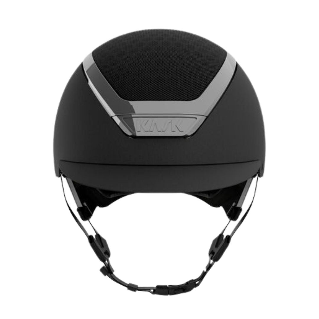 Kask Dogma Chrome Equestrian Helmet - Black Matte with Silver Frame; front view on white background | Standard Brim English Riding Helmets | Malvern Saddlery
