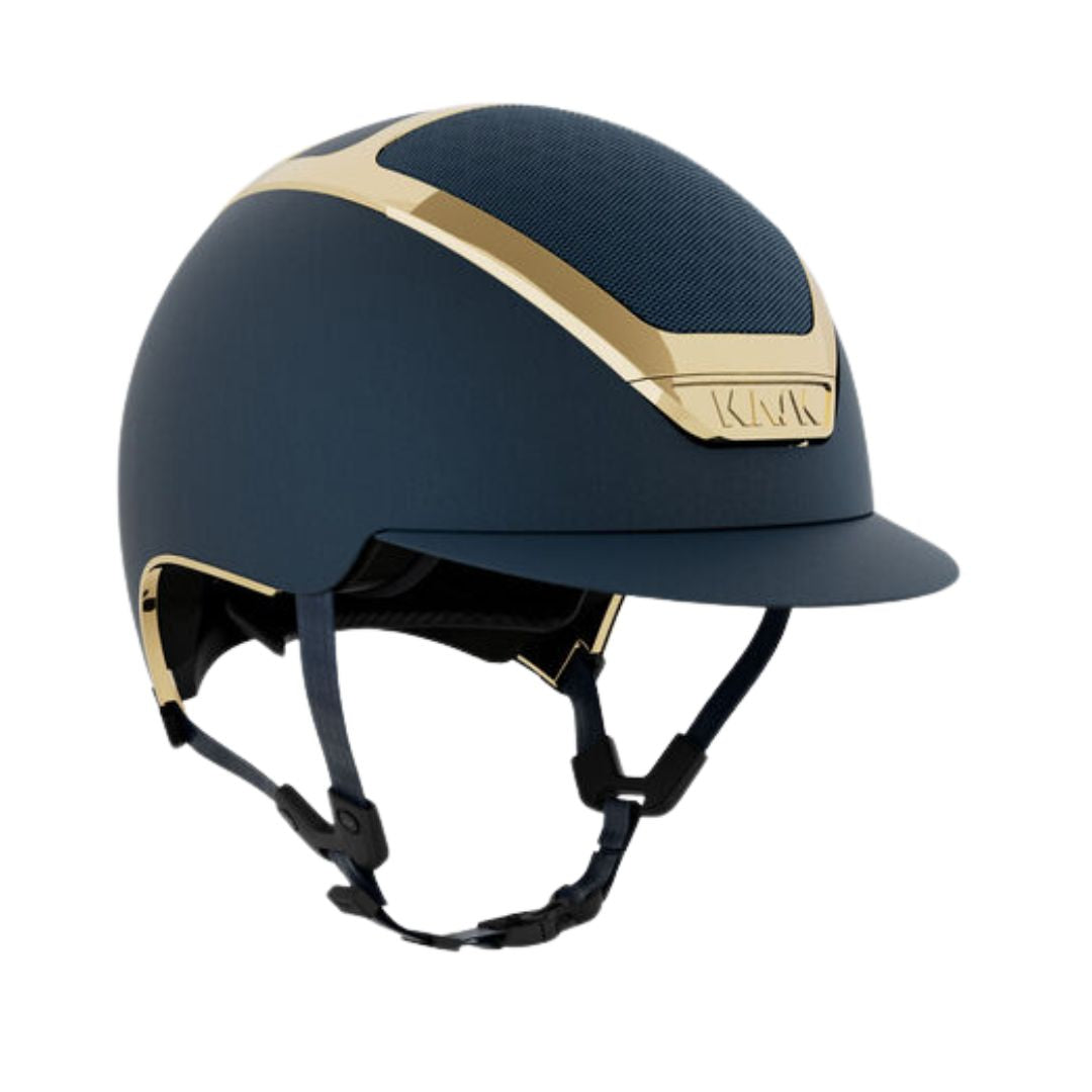 Kask Dogma Chrome Equestrian Helmet - Navy Matte with Gold Frame;  on white background | Standard Brim English Riding Helmets | Malvern Saddlery