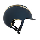 Kask Dogma Chrome Equestrian Helmet - Navy Matte with Gold Frame;  side view on white background | Standard Brim English Riding Helmets | Malvern Saddlery