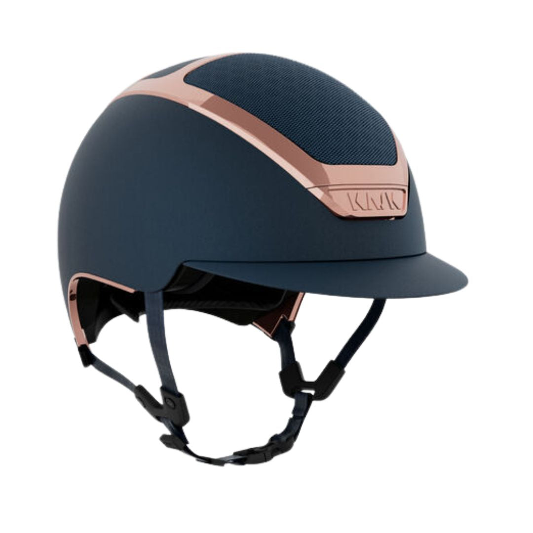 Kask Dogma Chrome Equestrian Helmet - Navy Matte with Rose Gold Frame;  on white background | Standard Brim English Riding Helmets | Malvern Saddlery