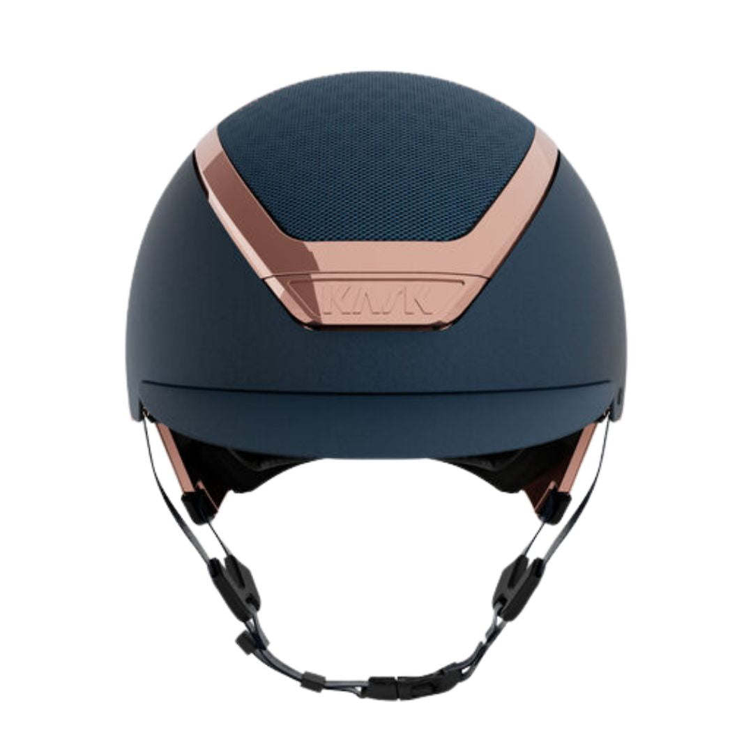 Kask Dogma Chrome Equestrian Helmet - Navy Matte with Rose Gold Frame;  front view on white background | Standard Brim English Riding Helmets | Malvern Saddlery