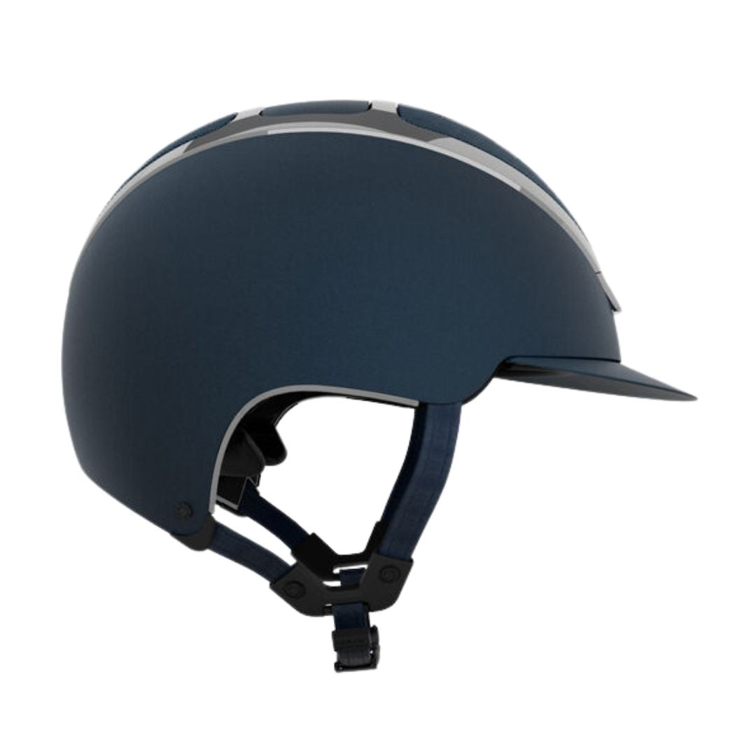 Kask Dogma Chrome Equestrian Helmet - Navy Matte with Silver Frame;  side view on white background | Standard Brim English Riding Helmets | Malvern Saddlery