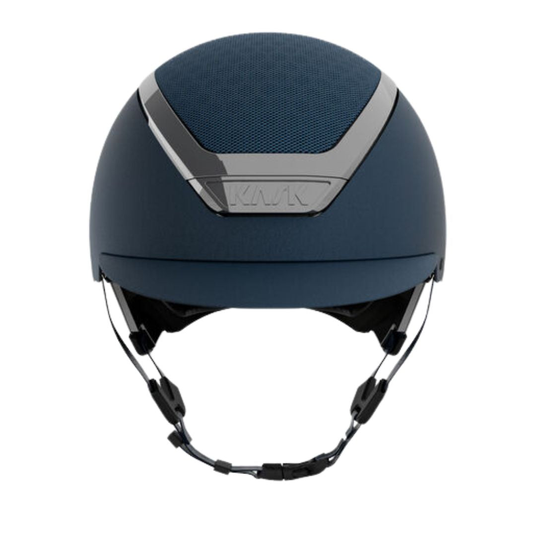 Kask Dogma Chrome Equestrian Helmet - Navy Matte with Silver Frame;  front view on white background | Standard Brim English Riding Helmets | Malvern Saddlery