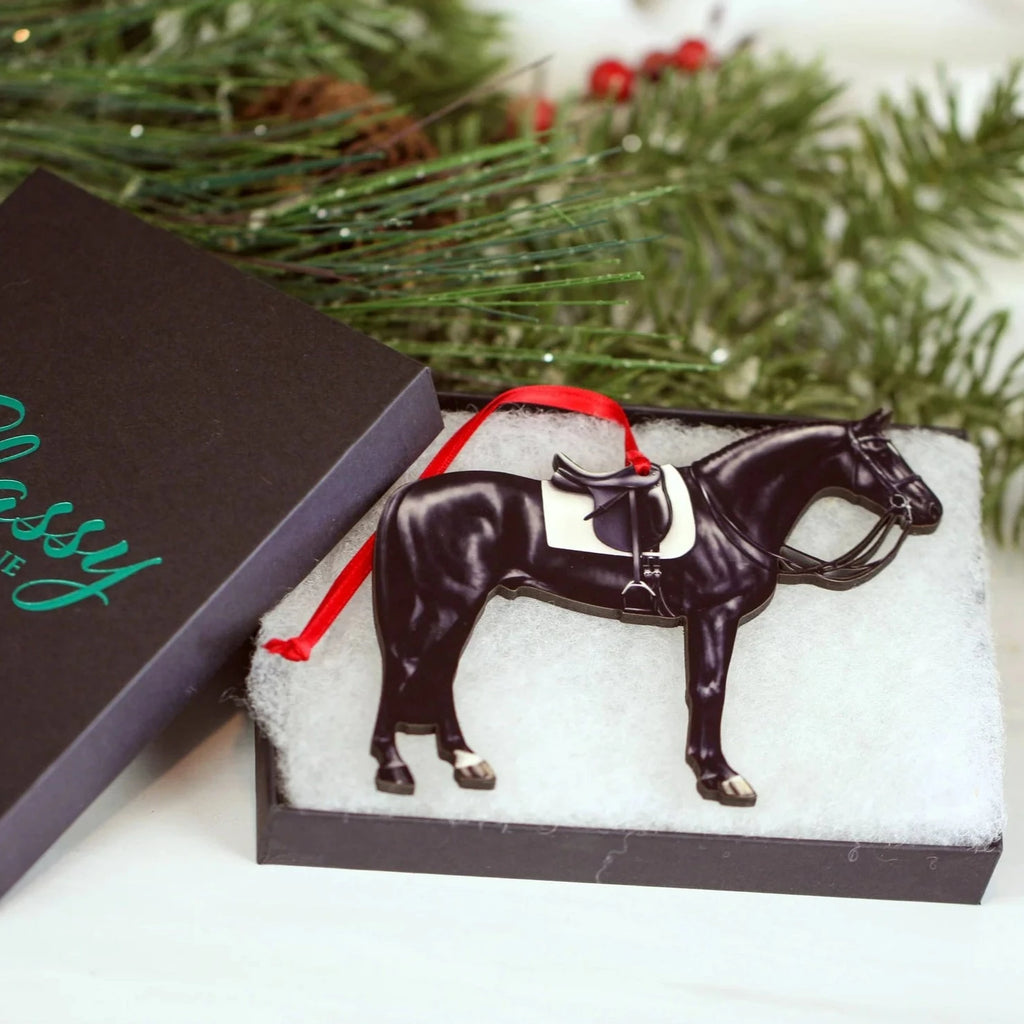 Dressage Horse Ornament, wood cut, photo realistic-Black - shown in box | Malvern Saddlery