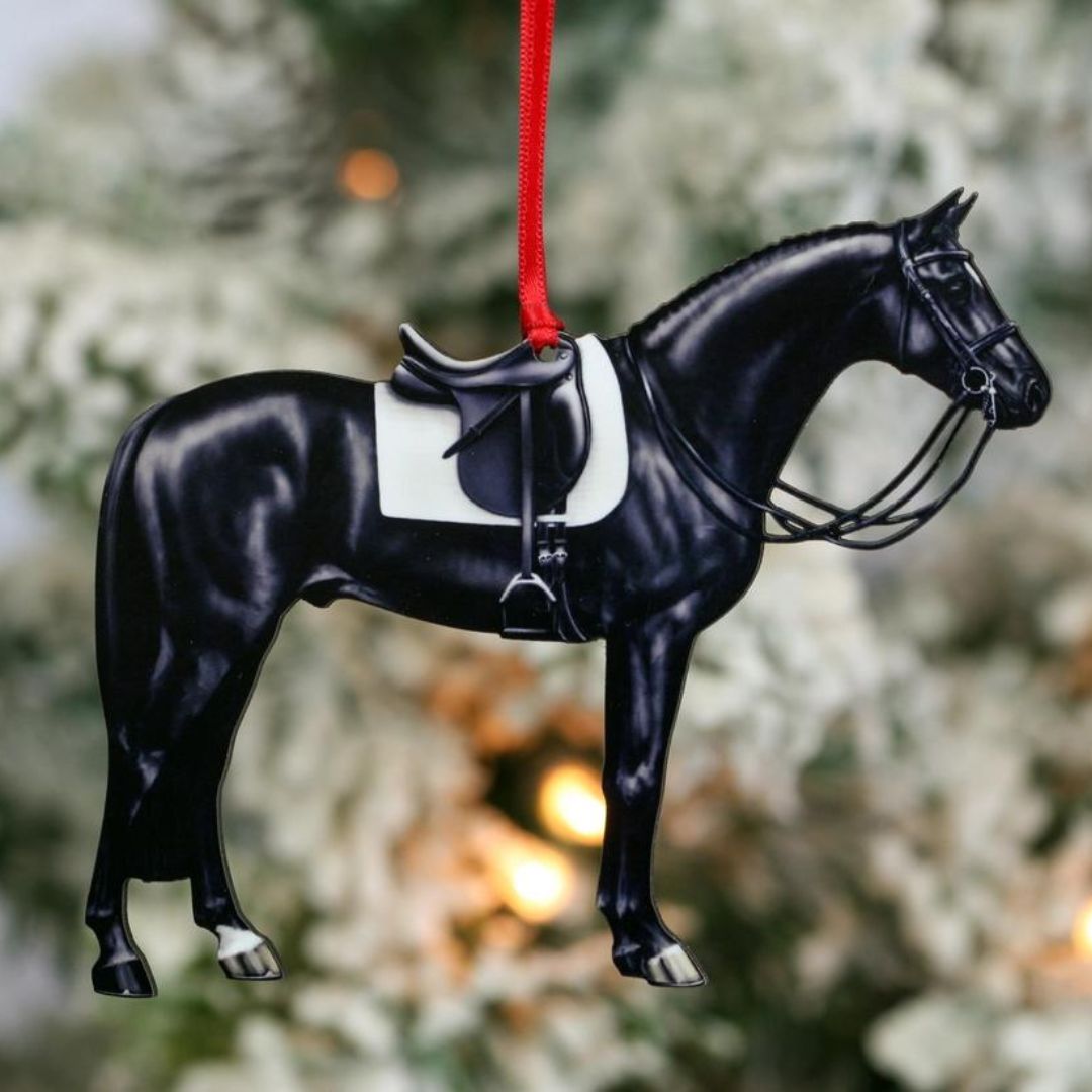 Black Dressage Horse Ornament - wood cut, image printed | Malvern Saddlery