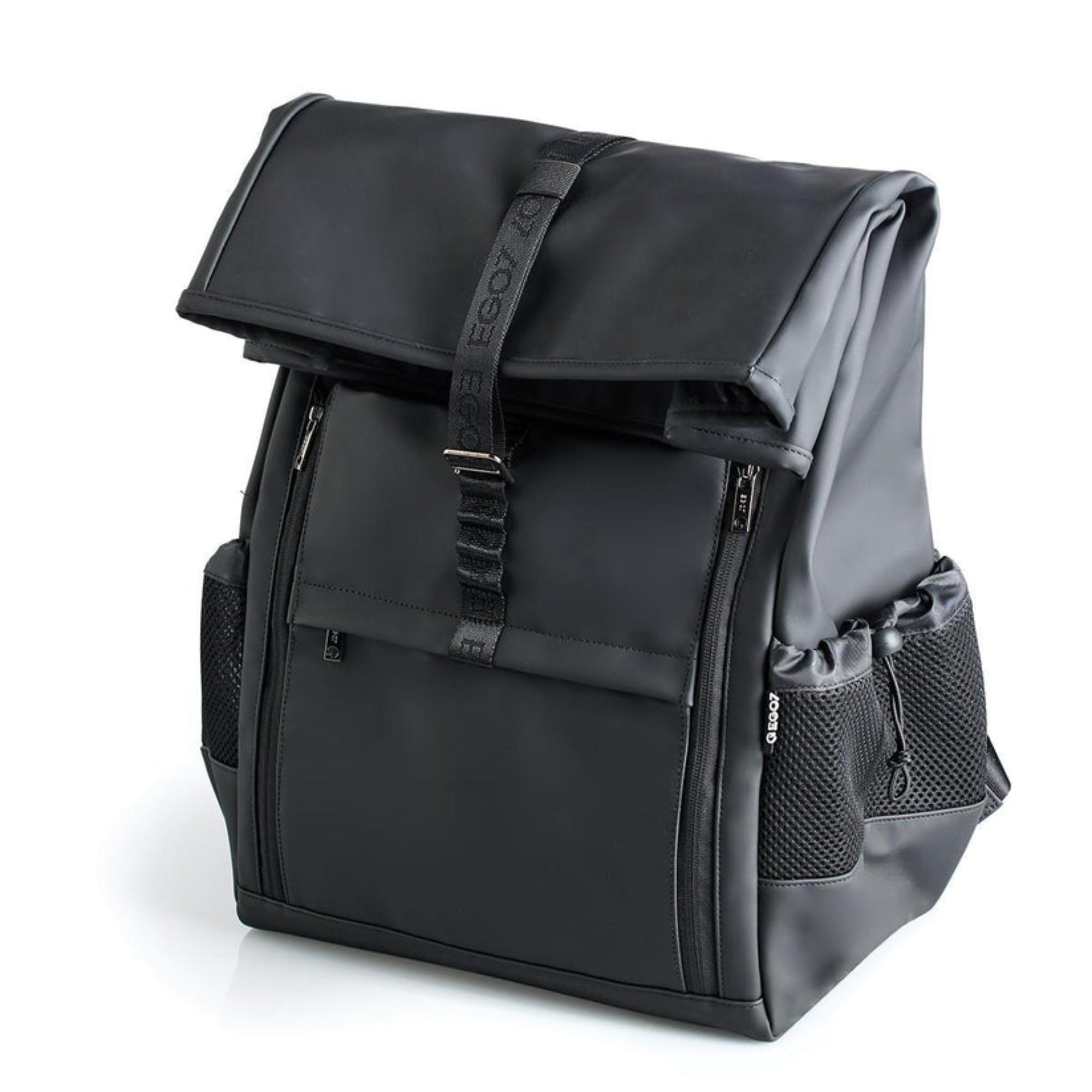 EGO7 Axel equestrian backpack in black with roll-top closure and side mesh pockets