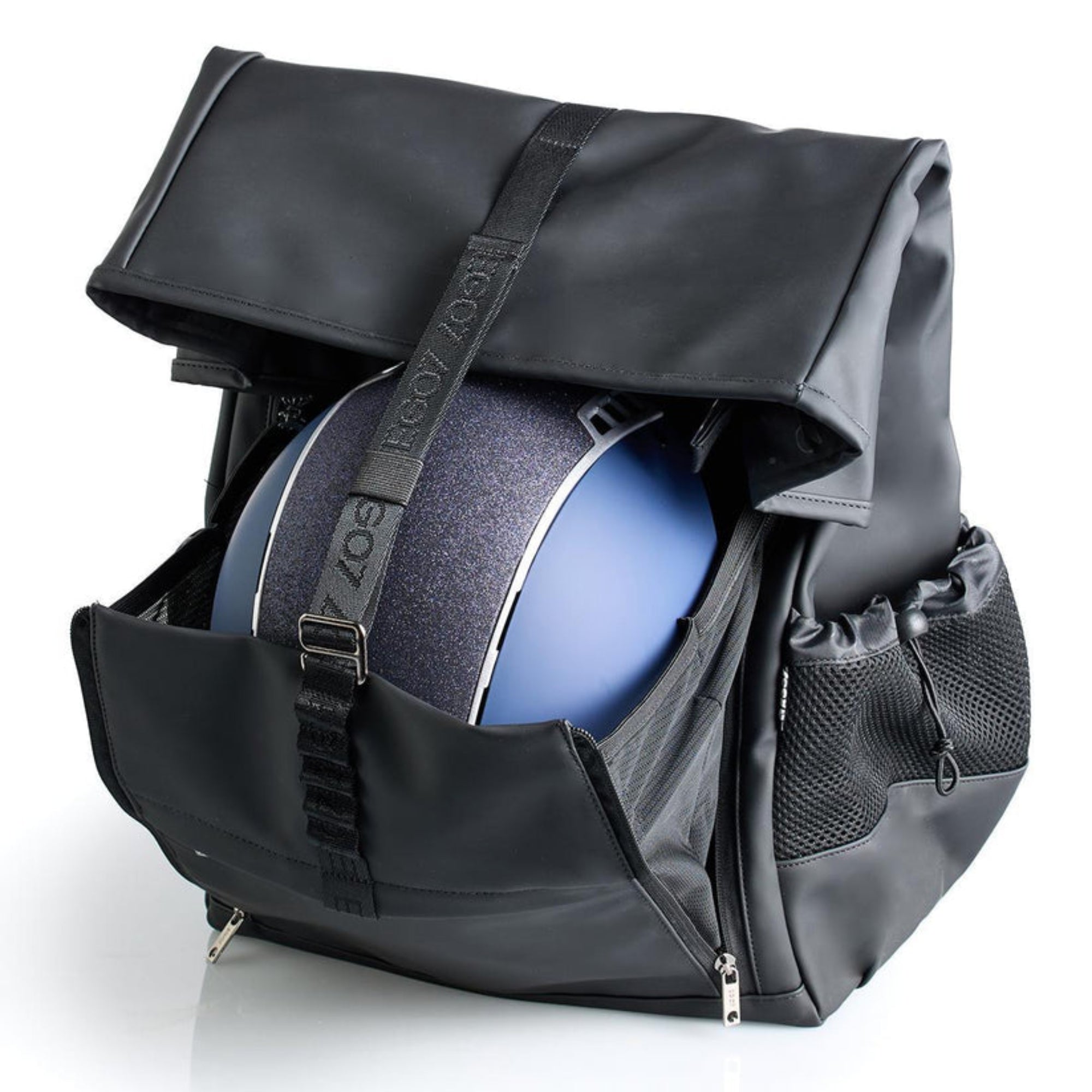 Black EGO7 Axel equestrian backpack open to reveal front helmet storage compartment holding a blue riding helmet