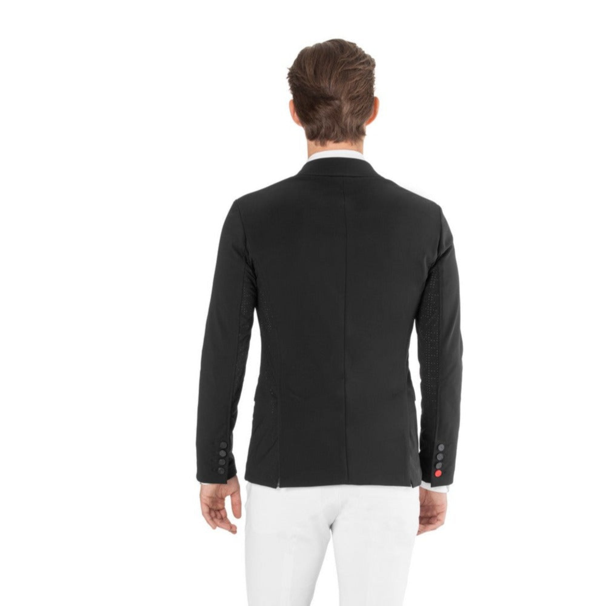 Back view of the EGO7 Be Air Men's Show Jacket in black showing tailored competition fit, rear vents, and stretch fabric.