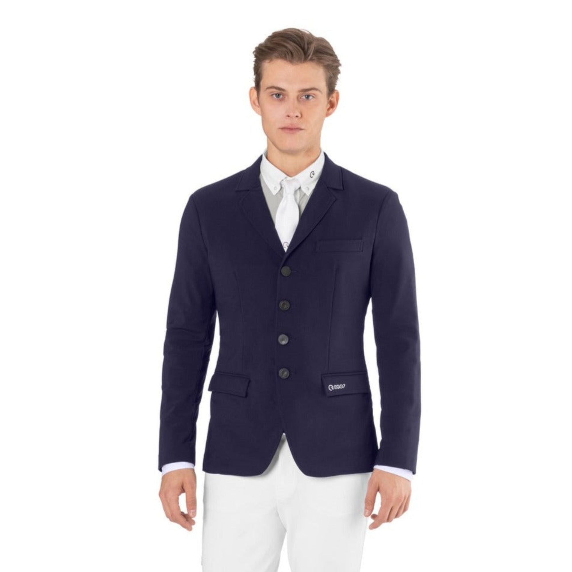 Front view of the EGO7 Be Air Men's Show Jacket in navy blue featuring single-layer stretch fabric and 4-button closure.