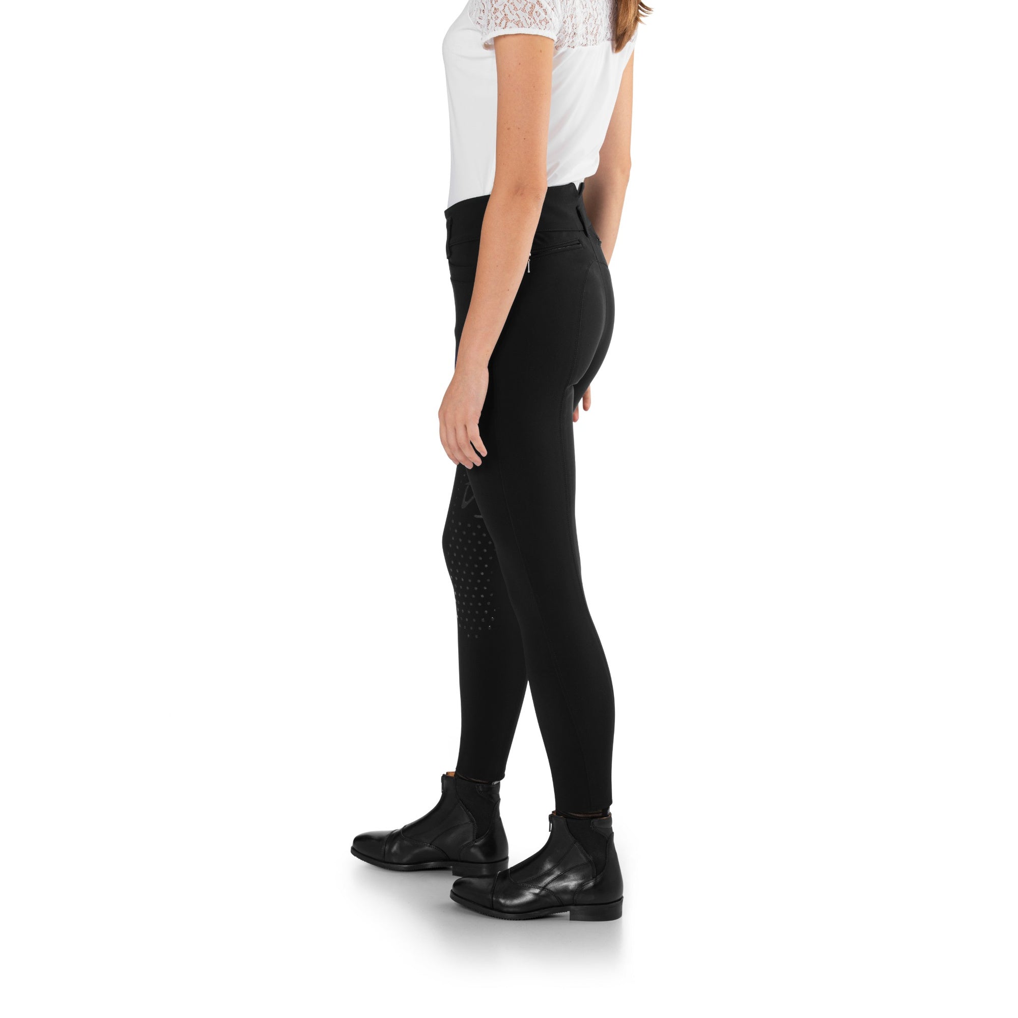 EGO7 Jumping CA Women's High-Waisted Knee Grip Breeches in Black - Side Profile View