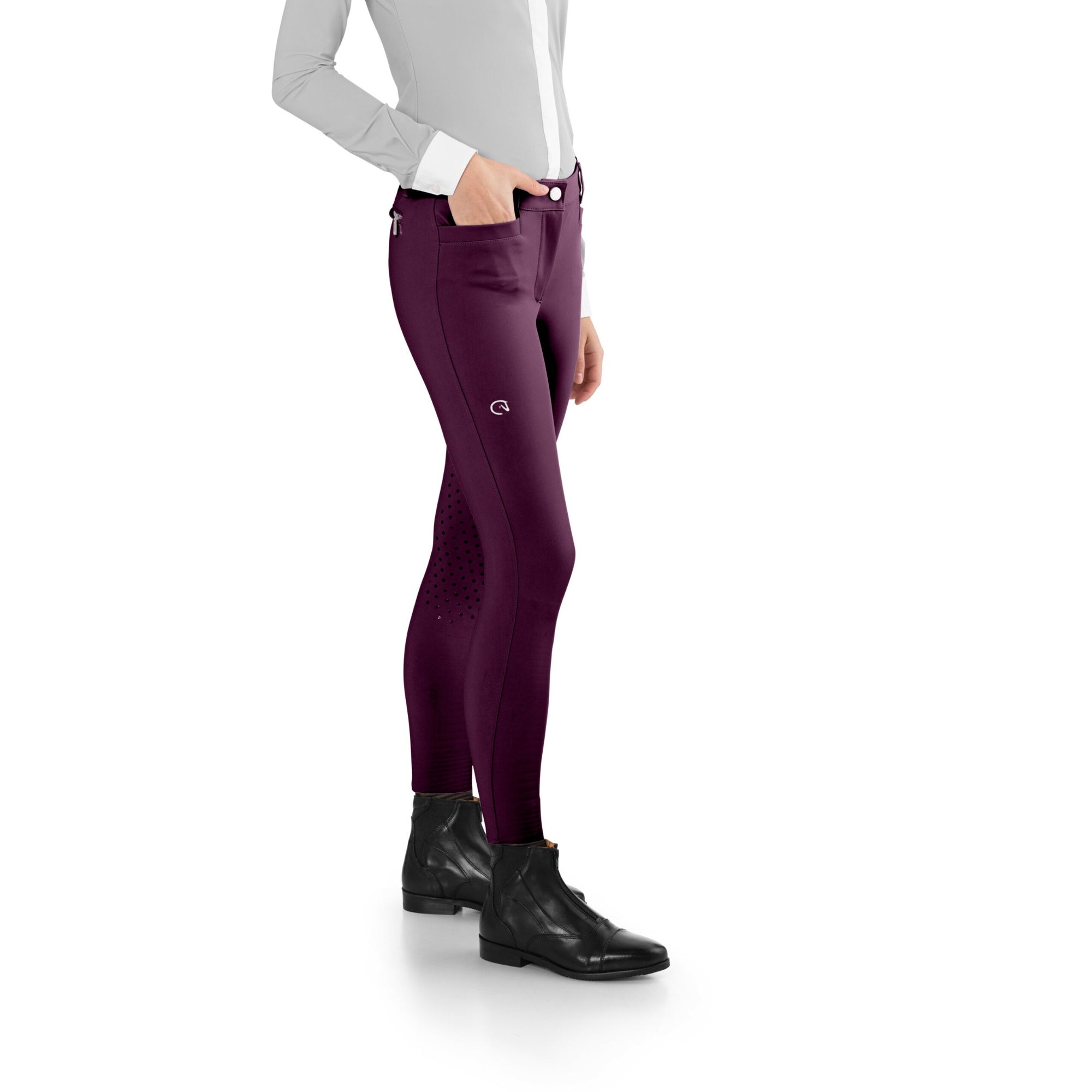 Side view of EGO7 EJ Women's Knee Grip Jumping Breeches in Bordeaux